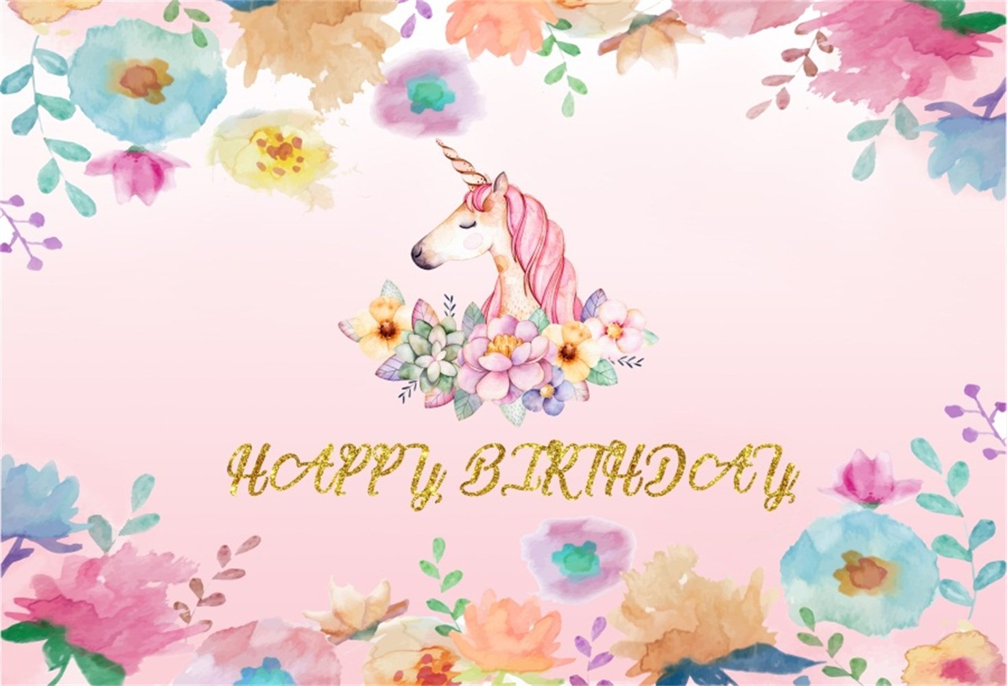 Laeacco 7x5ft Watercolor Unicorn Floral Backdrop - Pink Birthday Party Photo Background with Flower Horn for Newborn, Baby Shower & Celebration Decor | Perfect for Baby Showers, Birthday Parties & Photo Booths