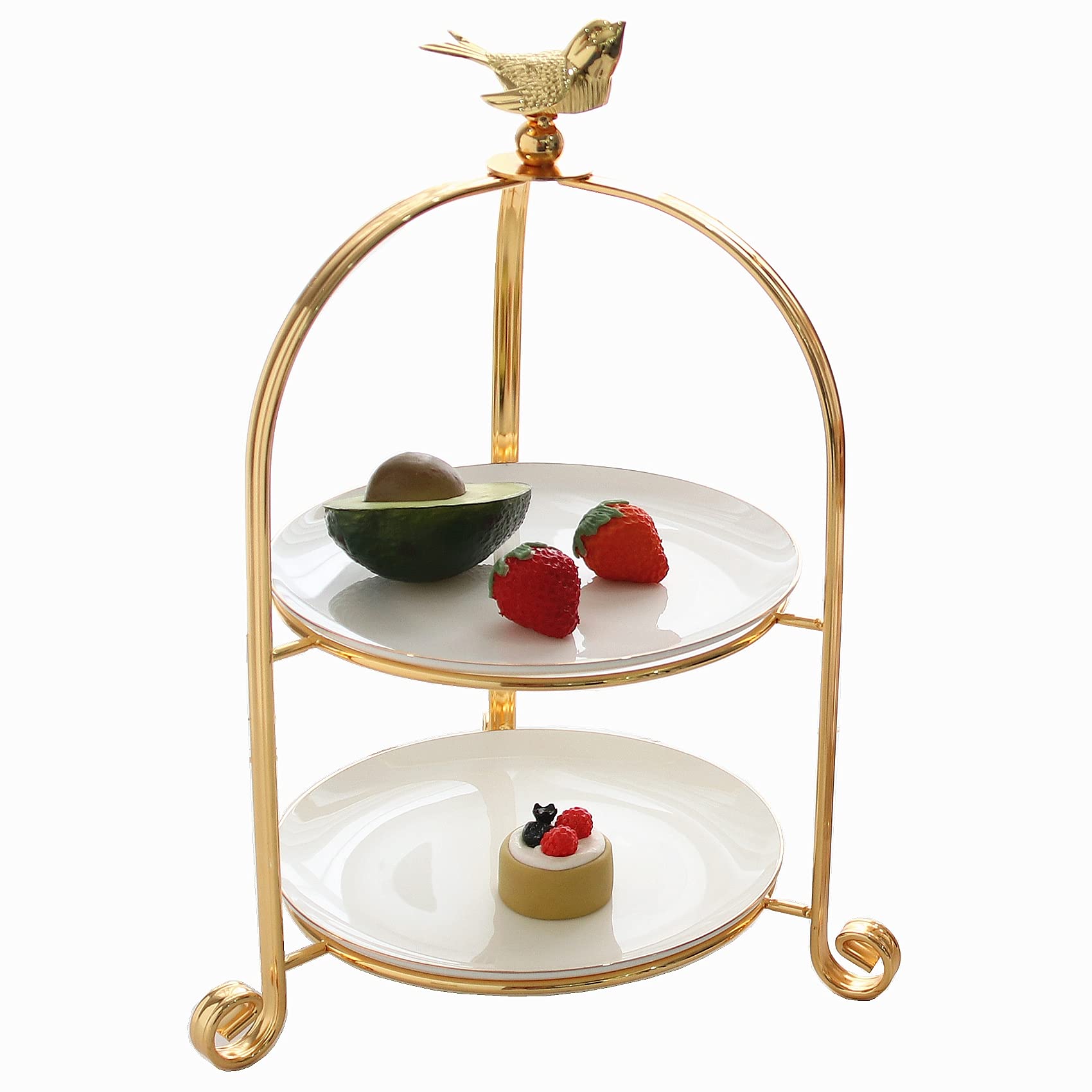 2 Tiered Cake Stand - Elegant Metal Dessert Display Stand for Tea Party, Wedding, or Afternoon Tea - Includes 2 White Bone China Plates with Gold Edges (Gold, 2 Tier) - Perfect for Birthday Parties, Bridal Showers & Special Events