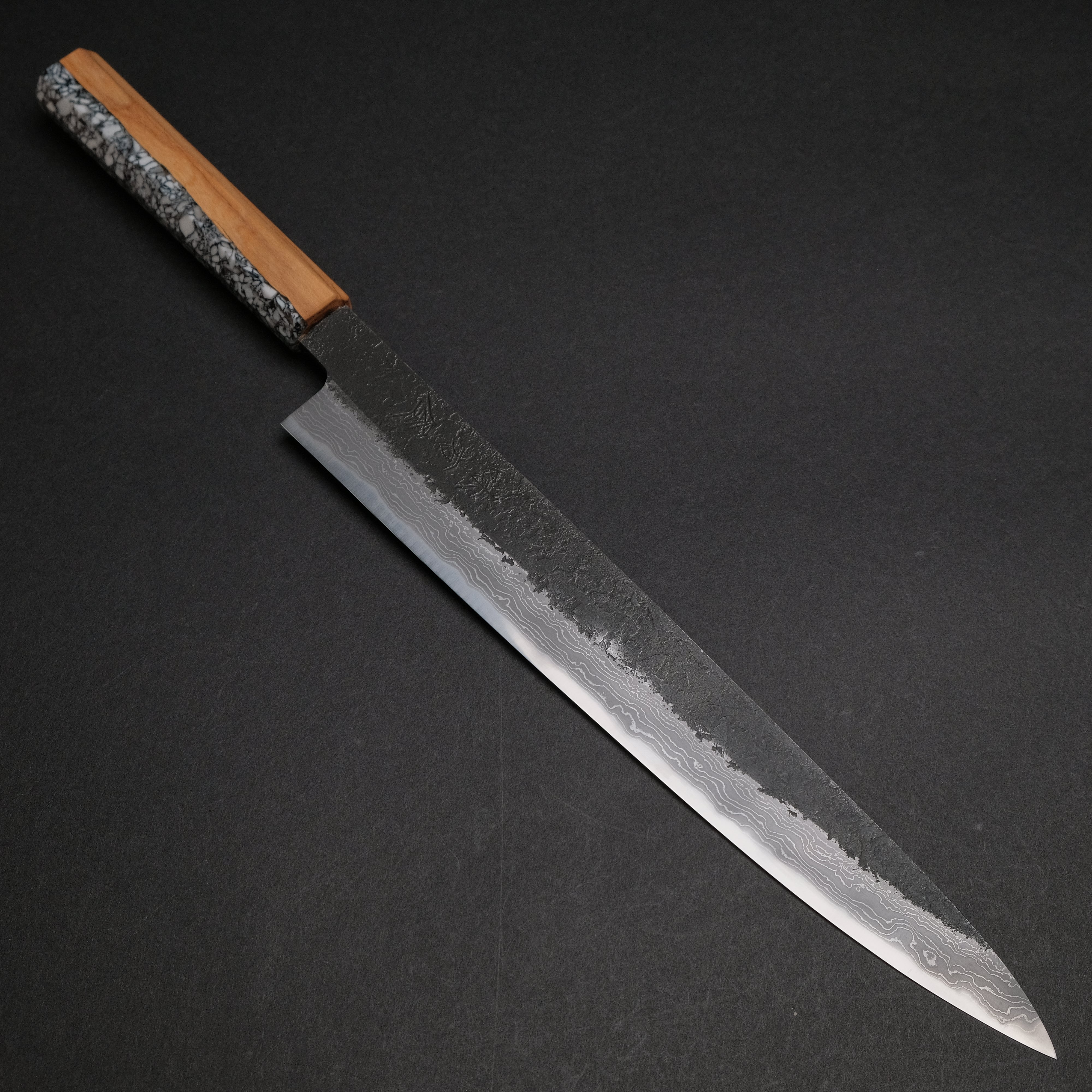 Premium Ajikataya White #2 Nashiji Damascus Sujihiki 270mm Japanese Chef Knife with Olive Wood TQRV Handle - Perfect for Slicing Sashimi, Roasts & Precision Cutting in Professional Kitchens