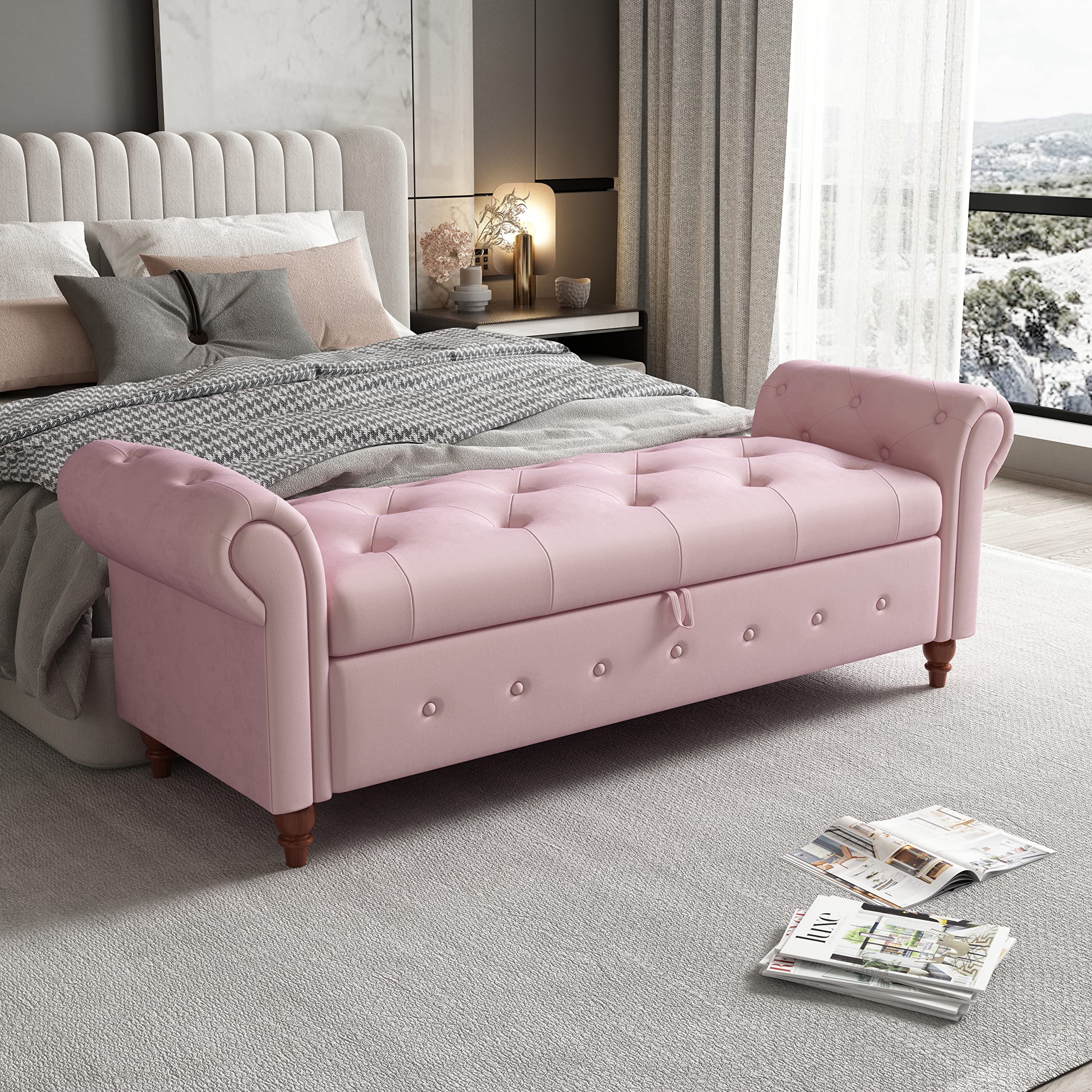 Modern Velvet Storage Bench with Rolled Arms & Solid Wood Legs - Upholstered Ottoman for Bedroom & Living Room (Pink) | Perfect for Extra Seating & Hidden Storage in Small Spaces
