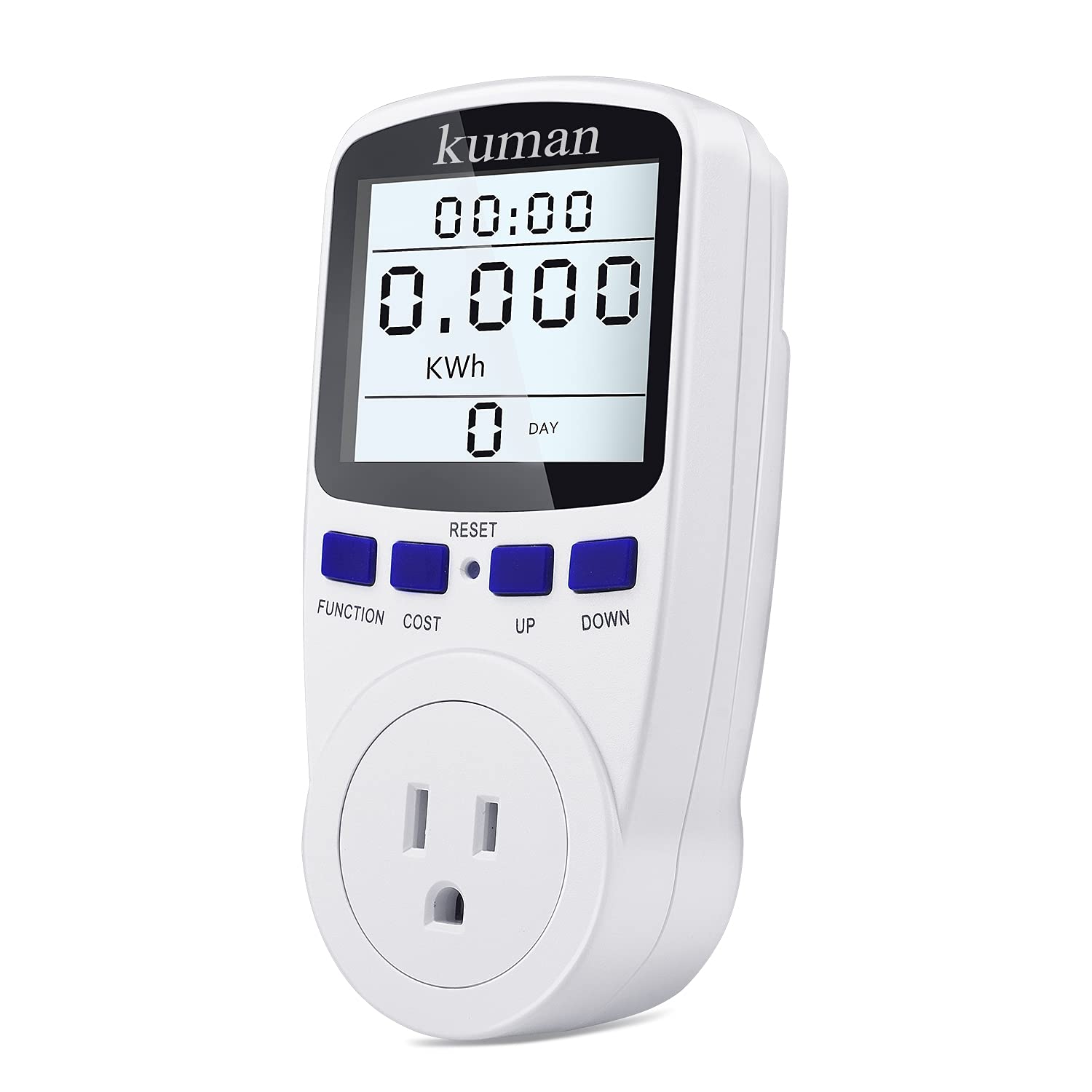 Kuman KW48 Digital Electricity Usage Monitor Plug - Watt Voltage Amps Meter with LCD Display, Overload Protection & 7 Energy Saving Modes (White) - Track Home/Office Appliance Power Consumption for Energy Efficiency