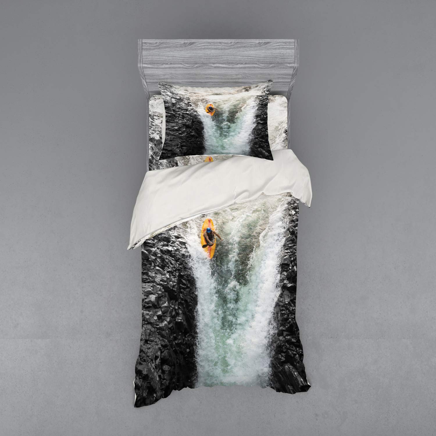 Ambesonne Waterfall Duvet Cover Set - Man Kayaking in Canoe on Wild Water Nature Print, 3-Piece Bedding Set with Pillow Sham & Fitted Sheet, Twin XL Size, Multicolor - Perfect for Adventure Lovers' Bedrooms & Outdoor-Themed Decor
