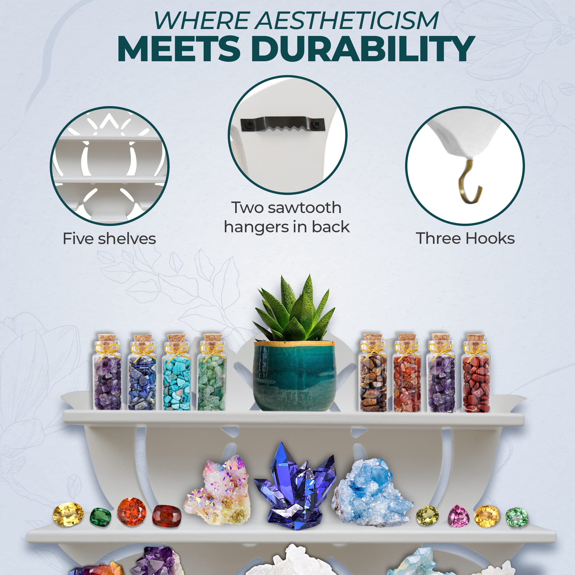 Chakral Wooden Lotus Flower Shelf for Crystals - Floating Crystal Display Shelf & Holder, Wall Decor for Bedroom Aesthetic, Pinewood (White) | Perfect for Meditation Spaces, Yoga Rooms & Spiritual Home Decor