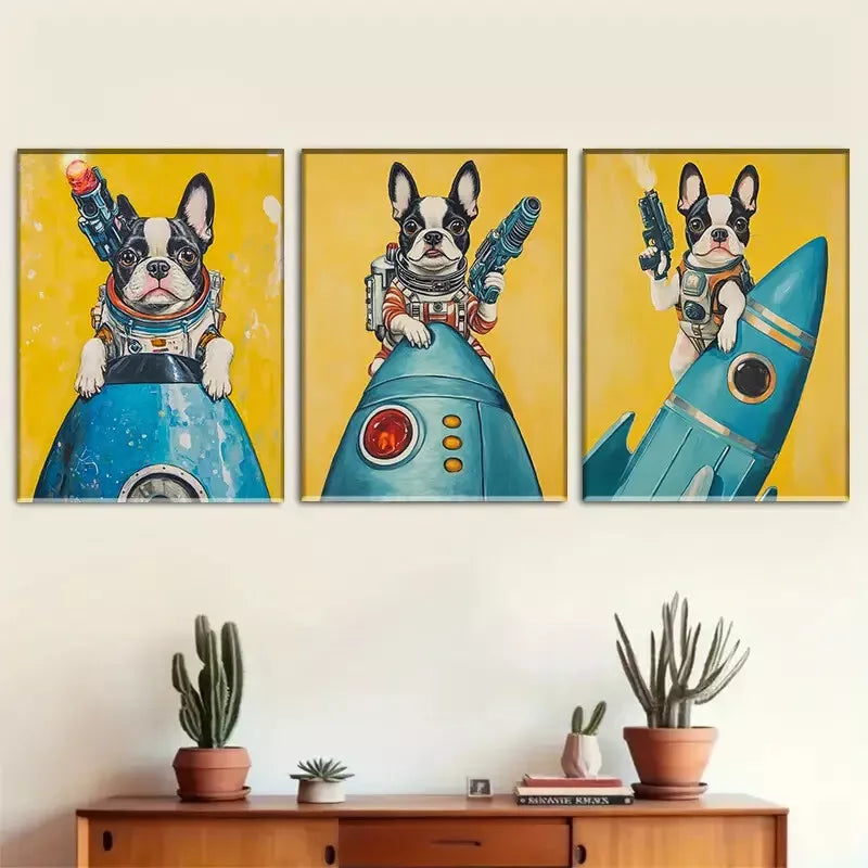 3-Piece Adorable Space Themed Bulldog Wall Art Set - Framed Canvas 40x60cm (16x24in) - High Quality Print, 100% Australian Made, Ready to Hang - Perfect for Living Room, Bedroom, or Office Decor