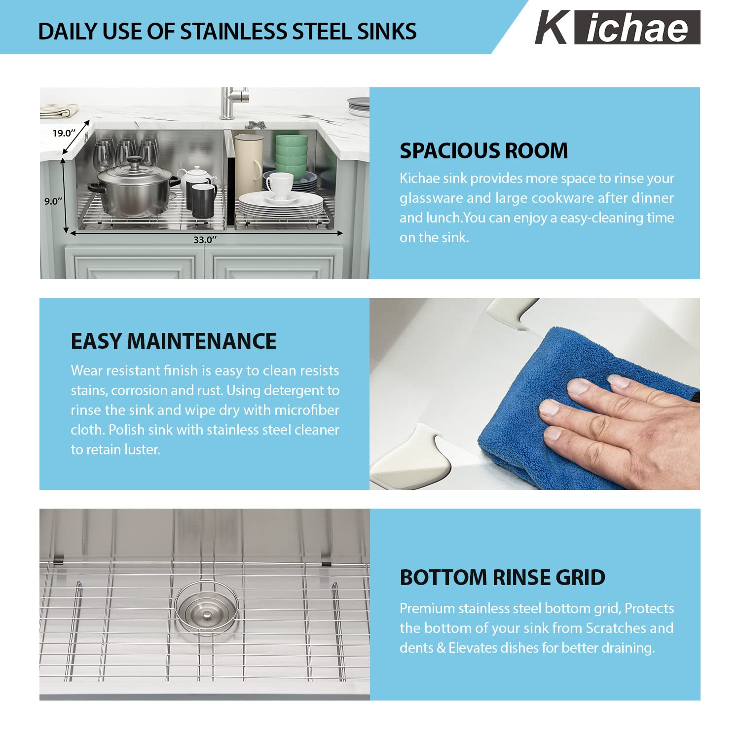 Kichae 33 Inch Undermount Double Bowl Stainless Steel Kitchen Sink - 60/40 Double Basin, 18 Gauge, 33x19 Inches - Perfect for Modern Kitchens, Food Prep, and Dishwashing