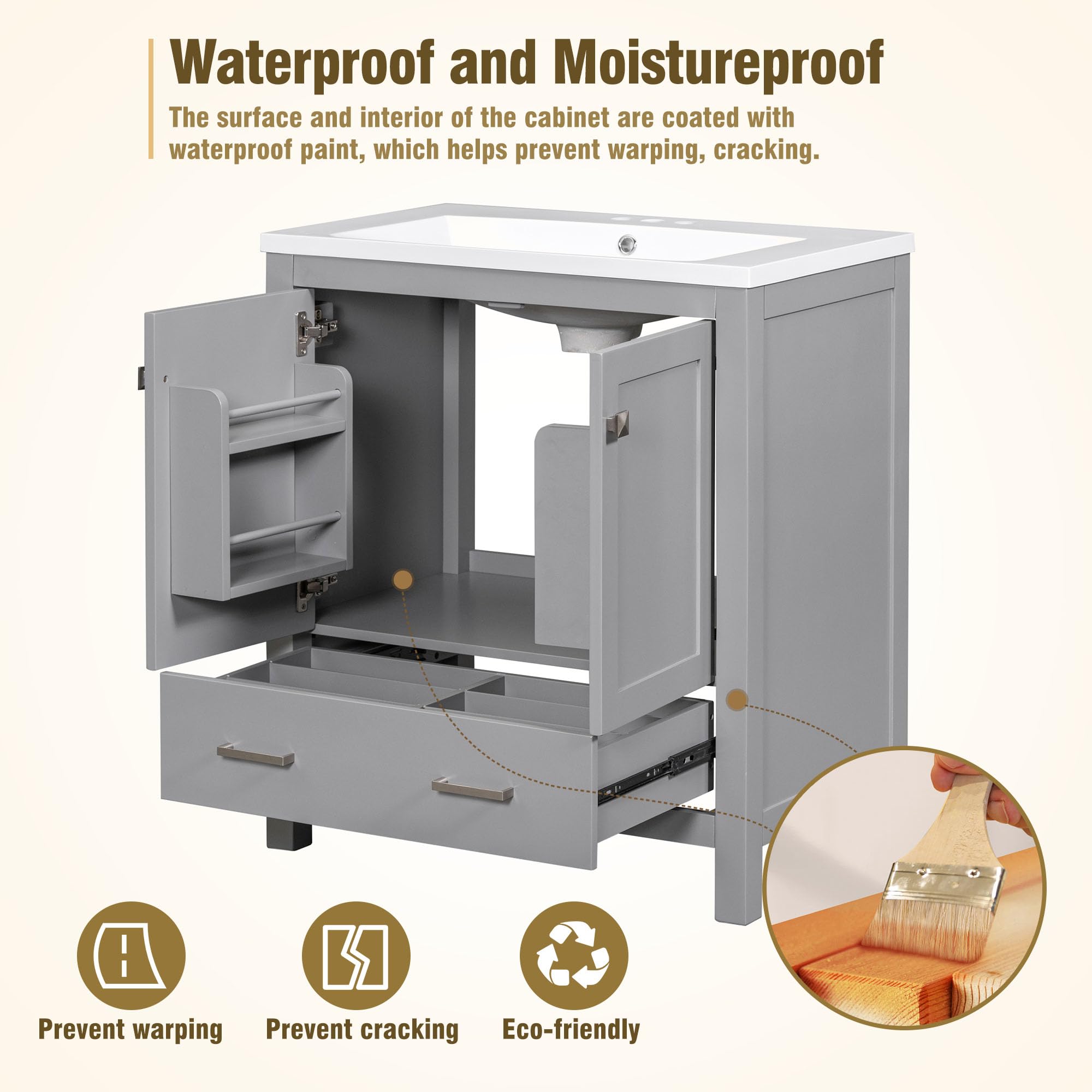 30 Inch Grey Bathroom Vanity with Sink - 2 Door Storage Cabinet & Drawer, Multifunctional Bathroom Sink Cabinet (30