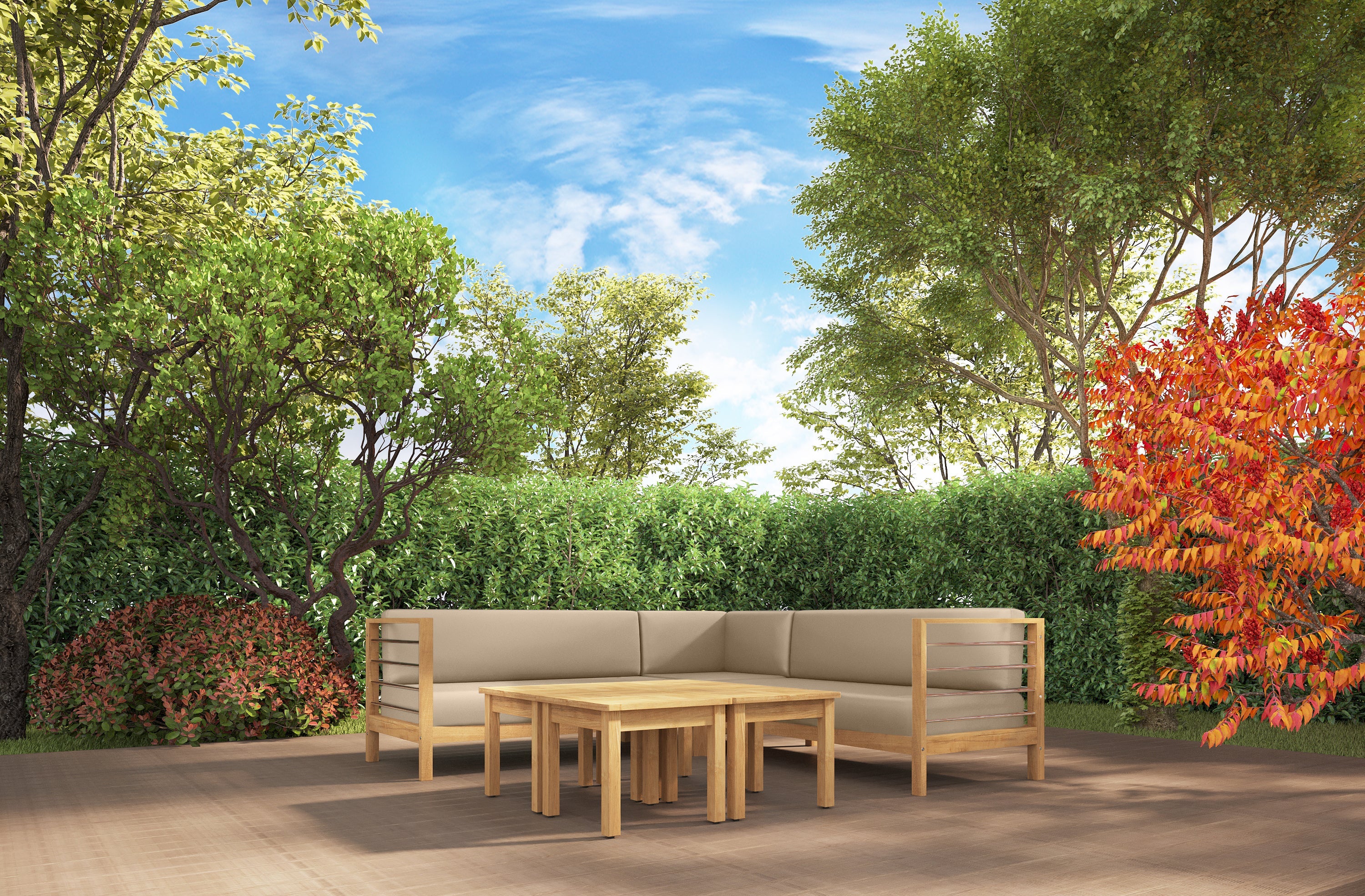 Premium Leon Teak Outdoor Sectional Right Sofa with Sunbrella Fawn Cushion - Weather-Resistant Patio Furniture for Backyard, Poolside & Garden Relaxation