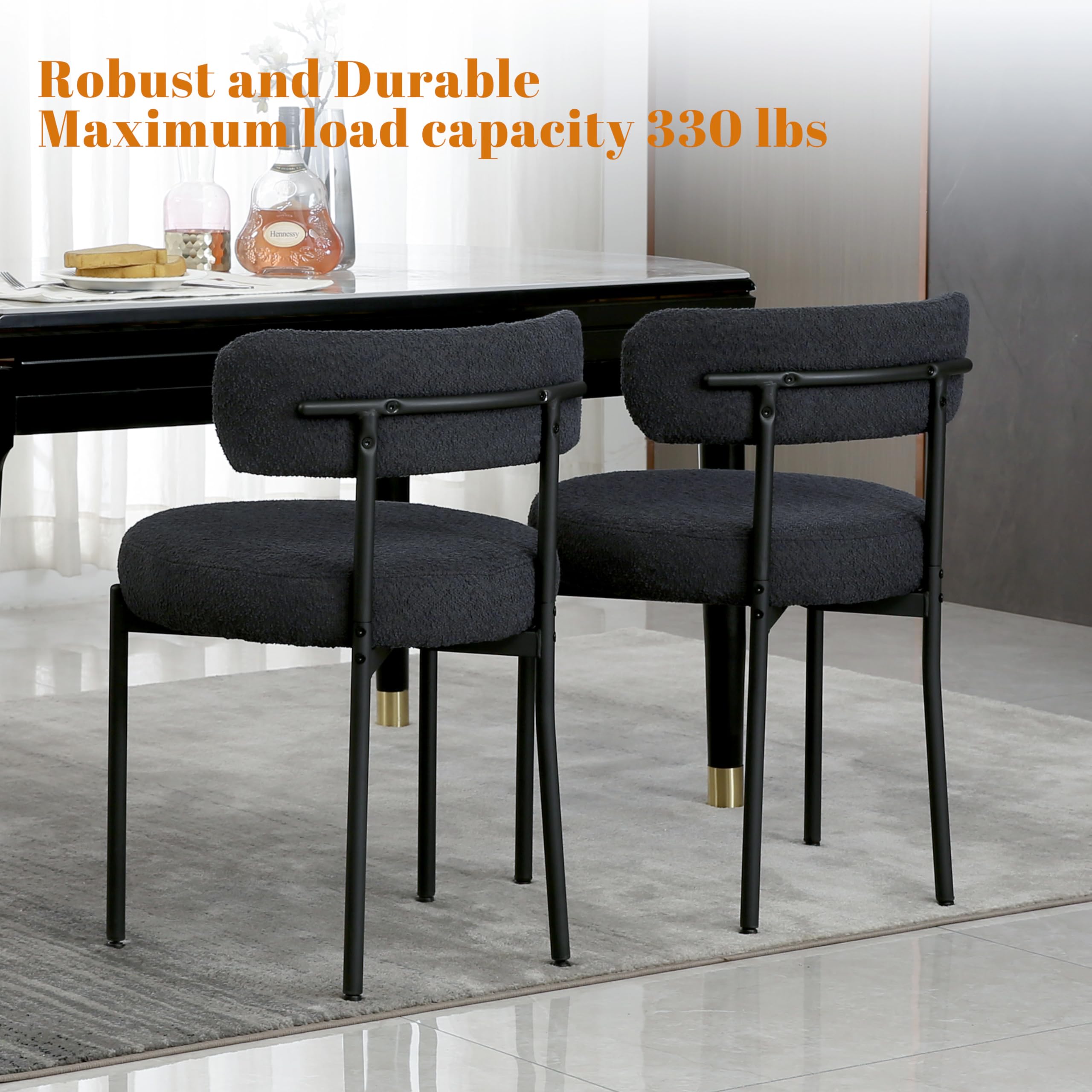 DYHOME Black Boucle Dining Chairs Set of 4 - Modern Upholstered Kitchen & Dining Room Chairs with Thick Cushions & Sturdy Metal Legs - Perfect for Kitchen, Living Room, Breakfast Nook & Small Space Dining