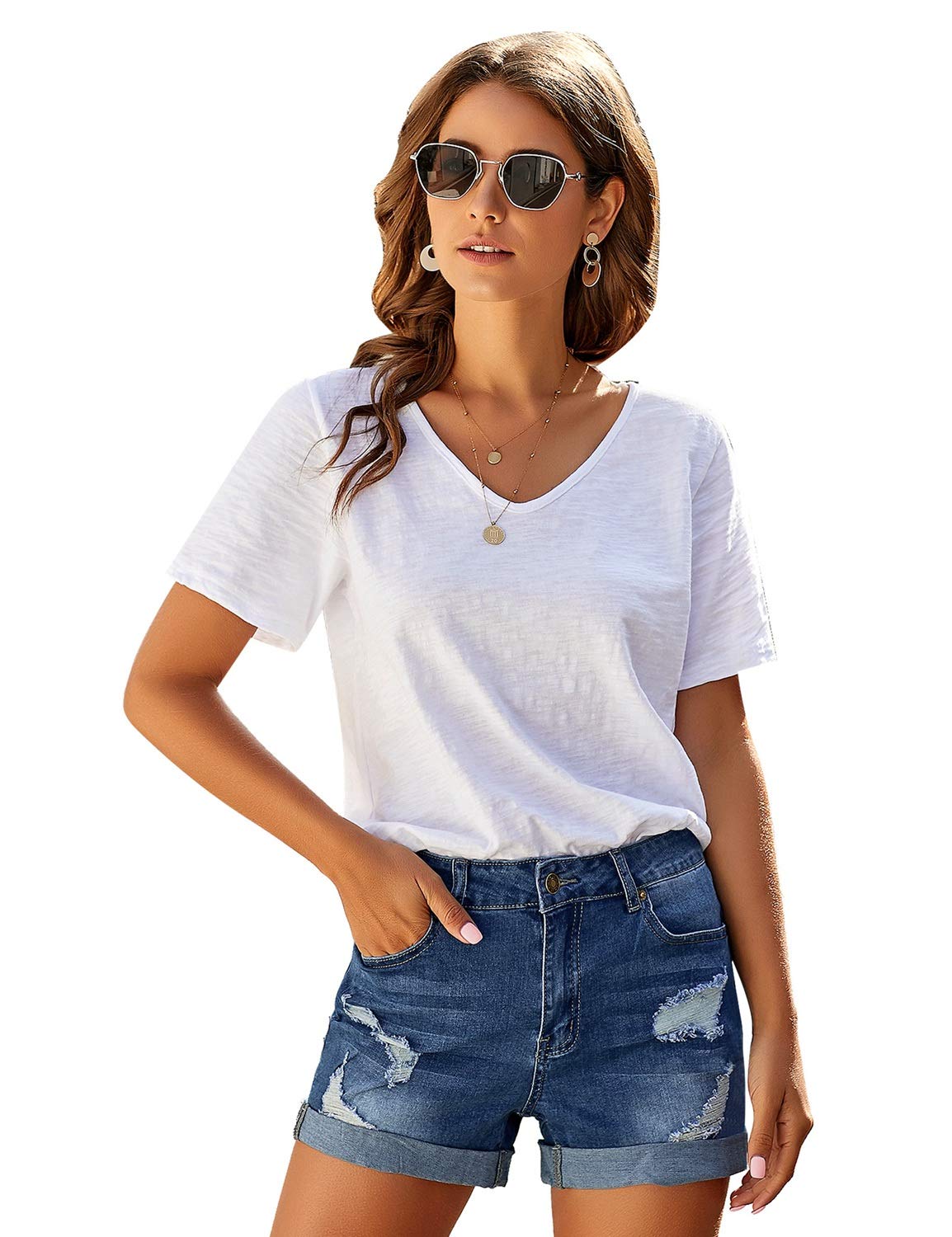 LookbookStore Women's High Waisted Denim Shorts with Sewn Cuffs & Button Details | Summer Fashion | Casual Outfit, Beach Wear & Street Style