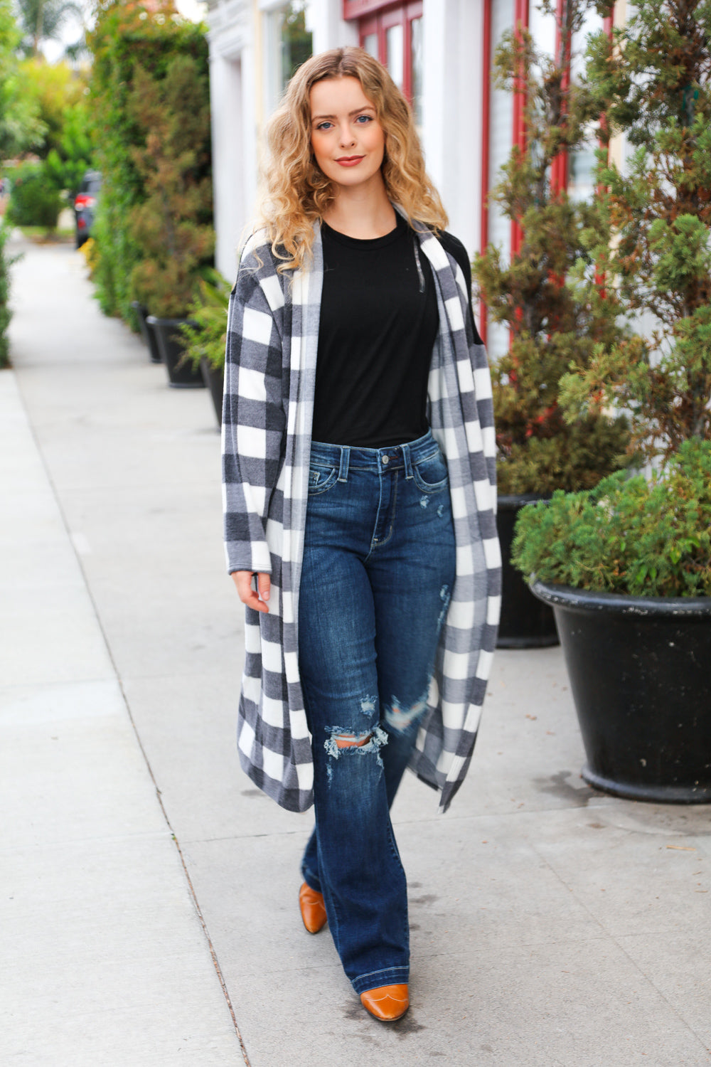 Black Buffalo Plaid Hacci Cardigan for Women - Soft & Cozy Oversized Sweater | Perfect for Fall & Winter Outfits, Casual Wear, and Layering