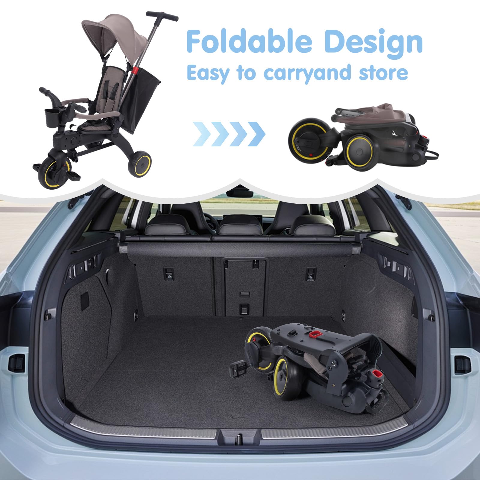 5-in-1 Foldable Baby Tricycle with Removable Push Handle & Safety Harness - Adjustable Rotating Seat, Canopy & Storage Bag - Compact Toddler Bike for 1-3 Year Olds (Gray) - Perfect for Park Rides, Outdoor Play & Learning to Pedal