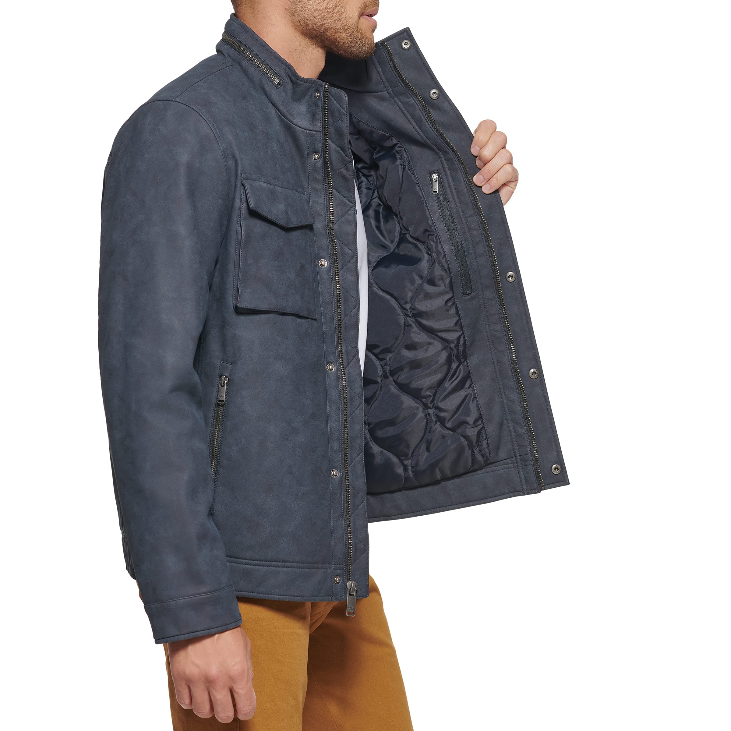 DOCKERS Men's Faux Leather Military Jacket - Stylish Waterproof Bomber Jacket for Men | Perfect for Outdoor Adventures, Casual Wear & Fall Fashion