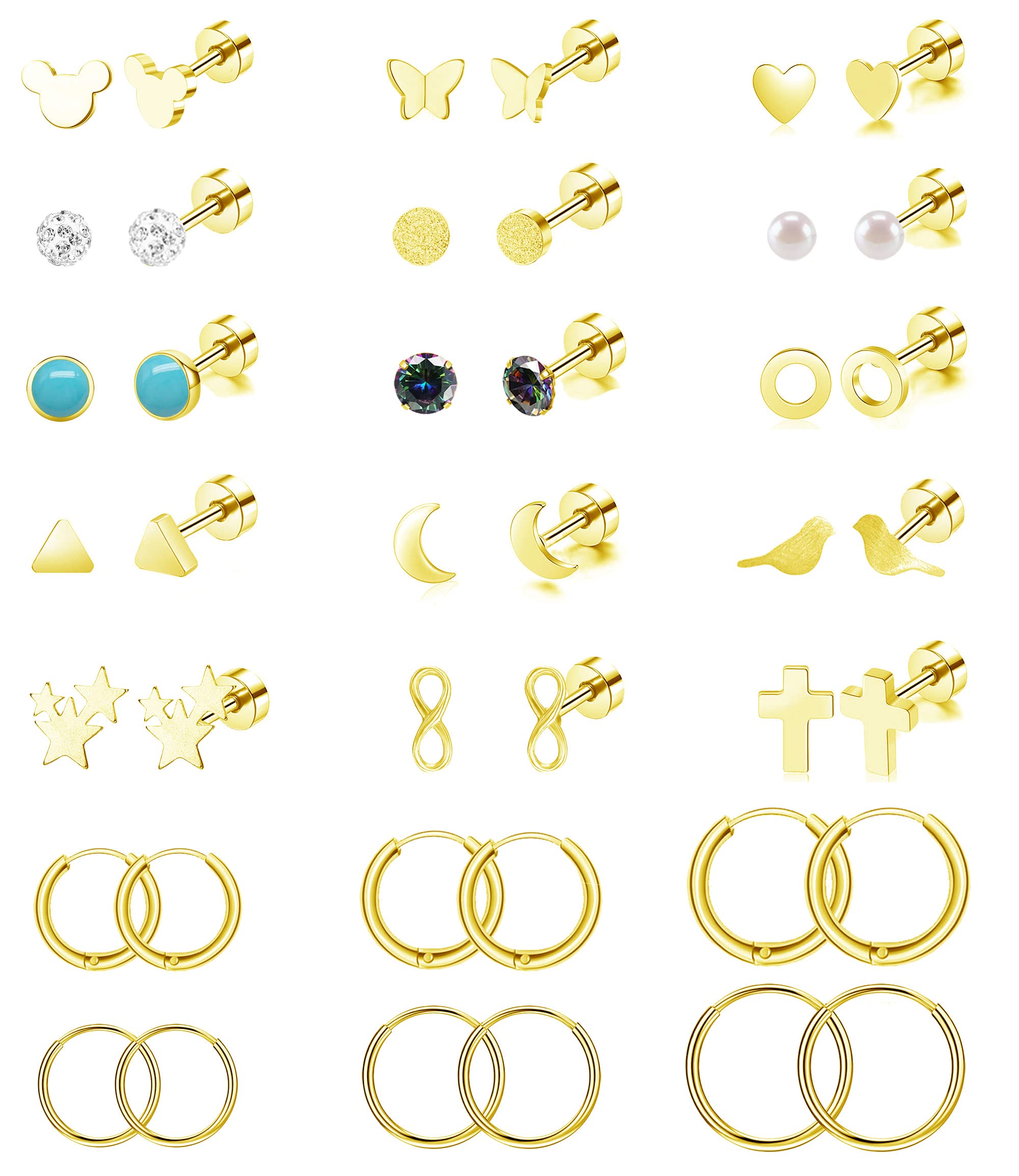 21 Pairs Stainless Steel Earrings Set for Women & Men - Star, Moon & Butterfly Cartilage Hoop Earrings (20G) | Hypoallergenic Flat Back Earrings for Sensitive Ears | Perfect for Daily Wear, Parties & Gifts