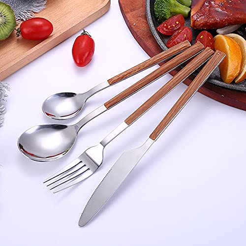 24-Piece Stainless Steel Silverware Set - Luxury Dinnerware Cutlery with Imitation Marble Wood Grain Handle (Knife, Fork, Spoon) - Elegant Table Setting for Weddings, Parties & Fine Dining (White)
