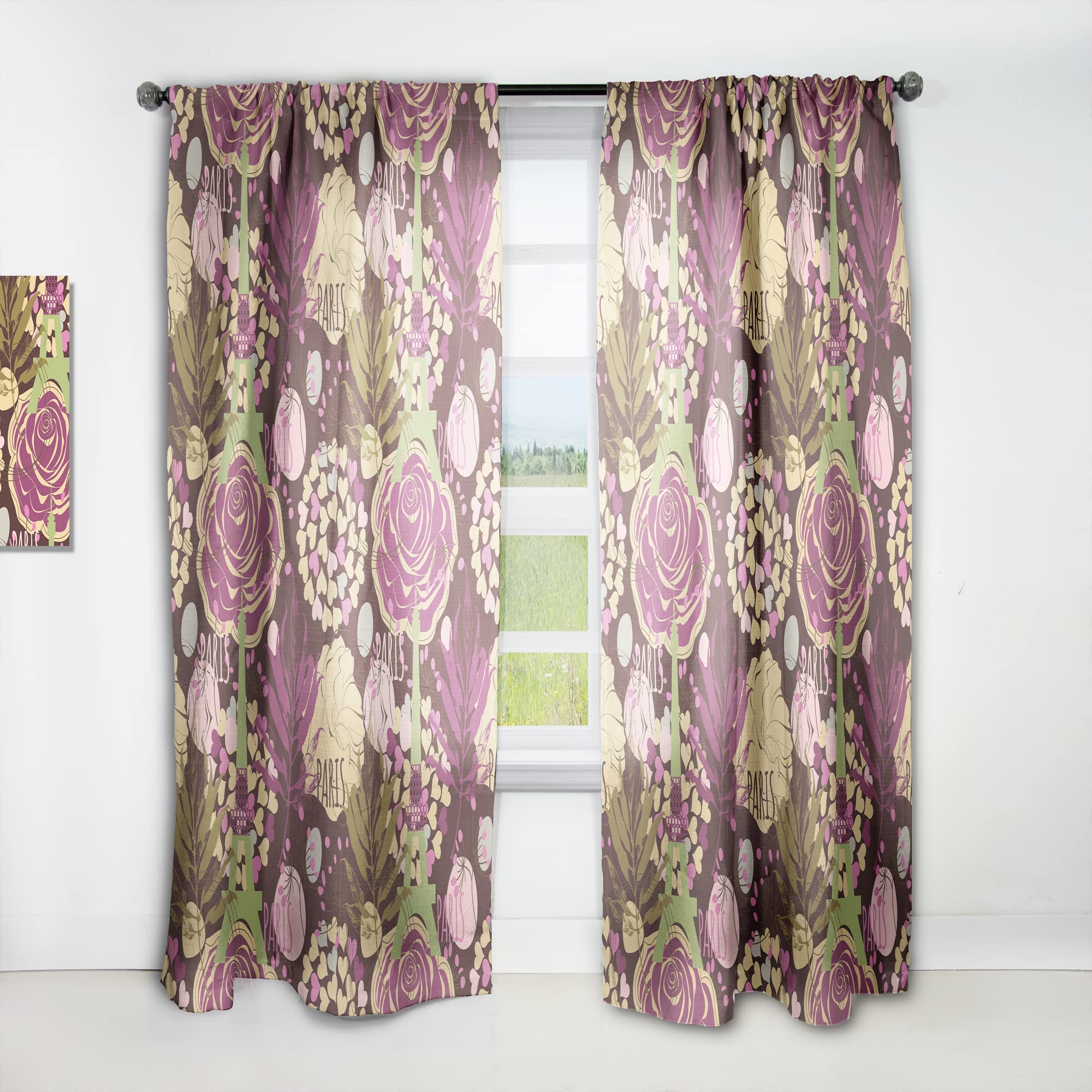 DesignQ Retro Paris Eiffel Tower & Roses Heart Print Thermal Insulated Curtain Panel - 52x90 Inches - Elegant Window Treatment for Bedroom & Living Room Decor | Perfect for French Theme Rooms & Romantic Home Atmosphere