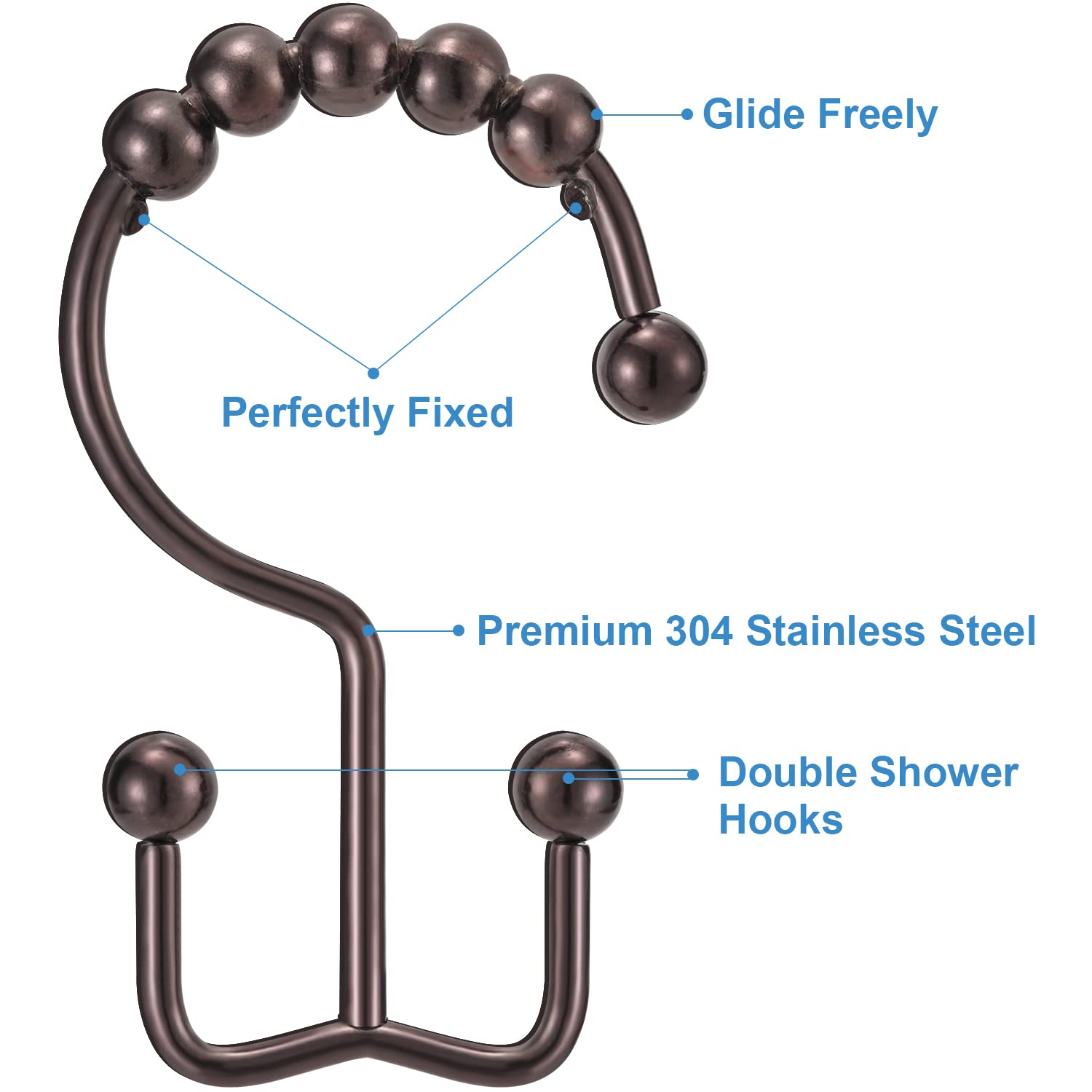TENOVEL 12-Pack Rust-Proof Double Sided Shower Curtain Hooks - Durable Stainless Steel Bathroom Shower Rings for Rods & Curtains (Bronze) - Perfect for Bathroom, Spa, and RV Shower Organization