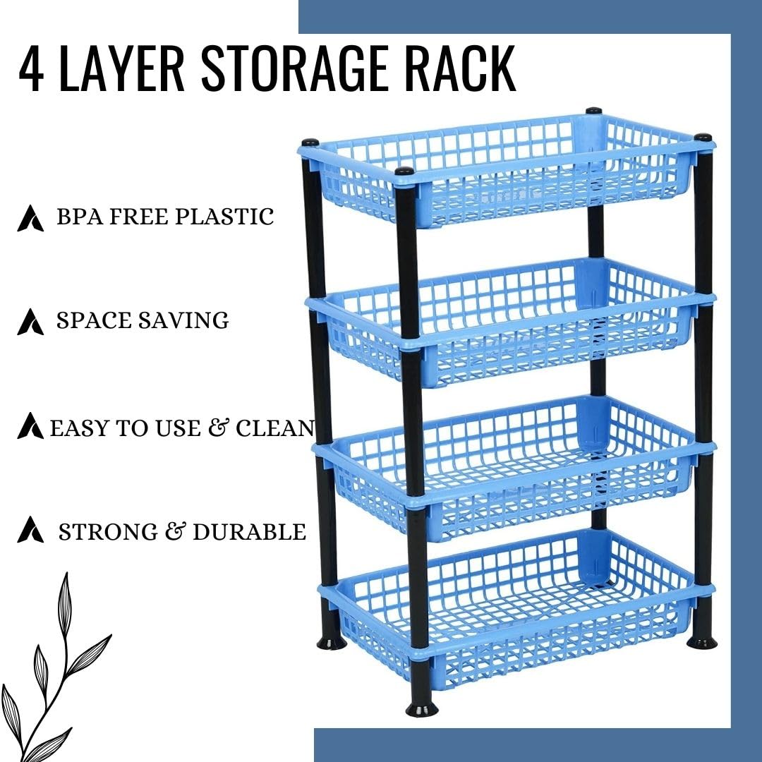 NABHYA Plastic 4-Tier Multipurpose Basket Stand Rack for Fruits & Vegetables - Space-Saving Storage Organizer for Kitchen, Pantry, or Garage (Blue, EZEE Rack)