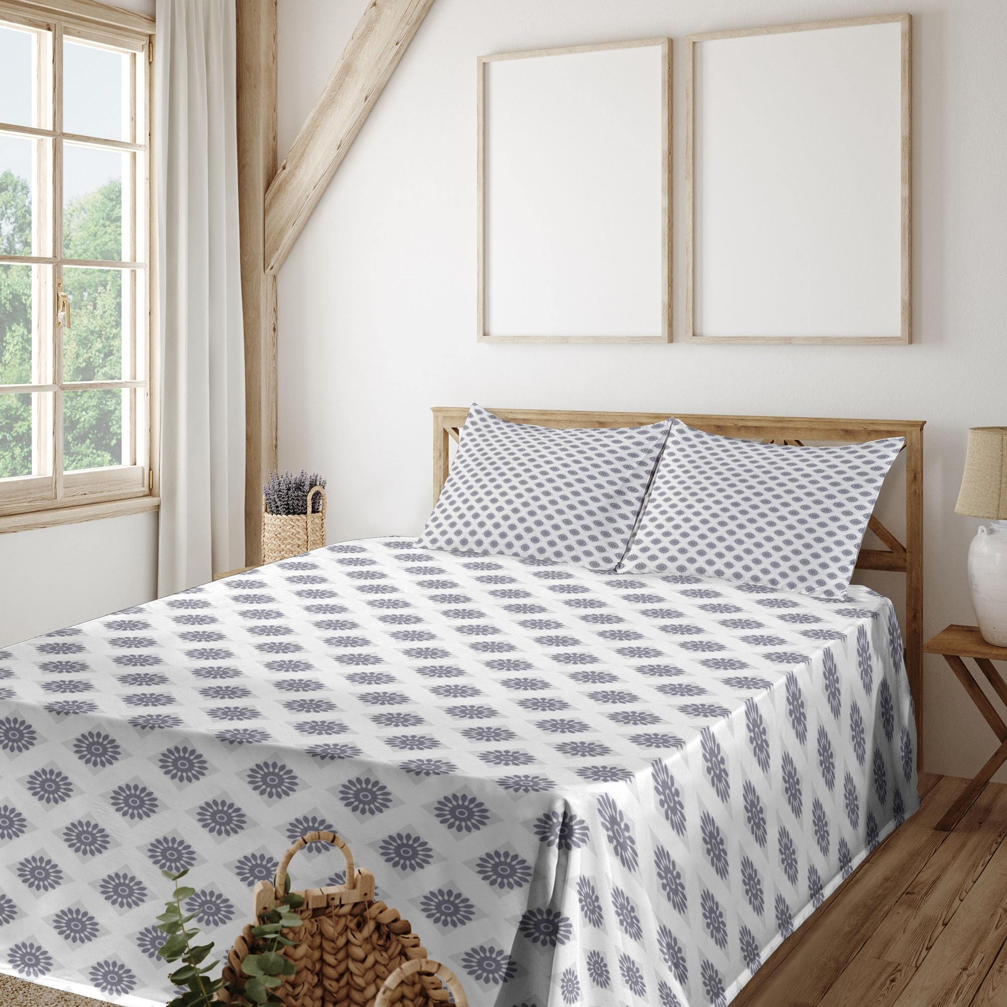 Ambesonne Vintage Floral Sheet Set - 4 Piece King Size Bedding with Diagonal Pattern Squares & Spring Flower Motifs, Fitted & Flat Sheets + Pillowcases, Grey & White - Perfect for Spring Bedroom Decor & Guest Room Makeover