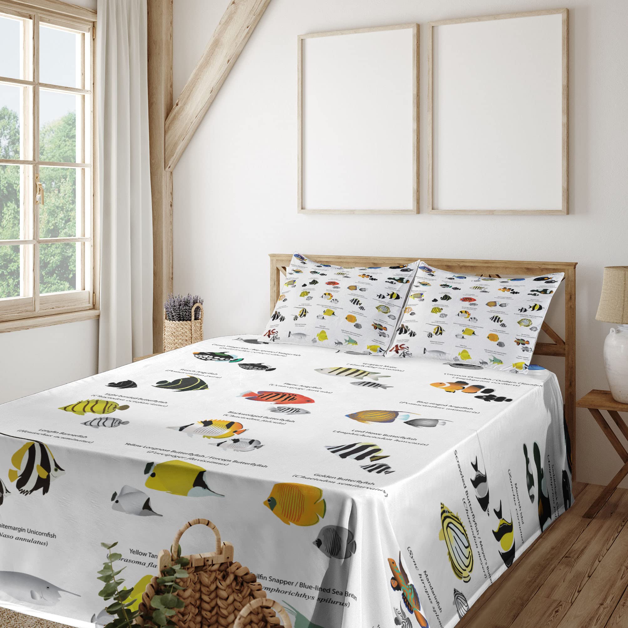 Ambesonne Ocean King Sheet Set - 4 Piece Underwater Fish Design Bedding with Fitted Sheet, Flat Sheet & Pillowcases - Blue Yellow Black Marine Theme - Perfect for Beach House, Kids Room or Ocean Lover's Bedroom Decor