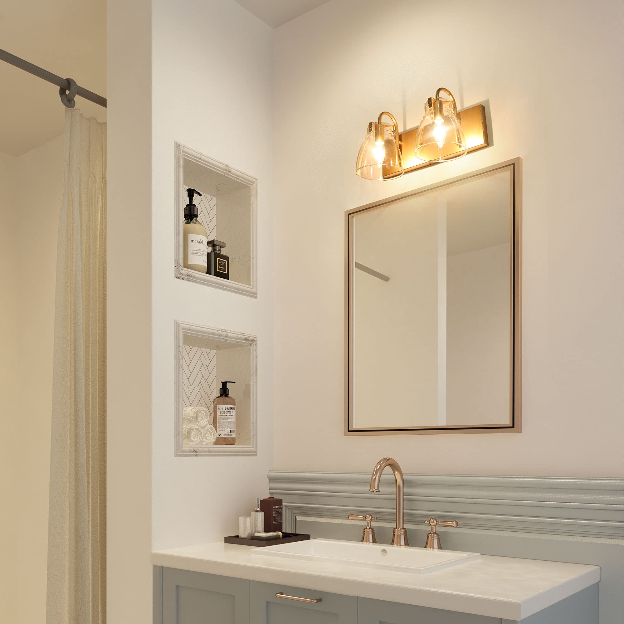 KSANA Gold Bathroom Vanity Light Fixture - 2 Lights with Clear Glass Shade for Bathroom, Kitchen & Hallway - 13.5