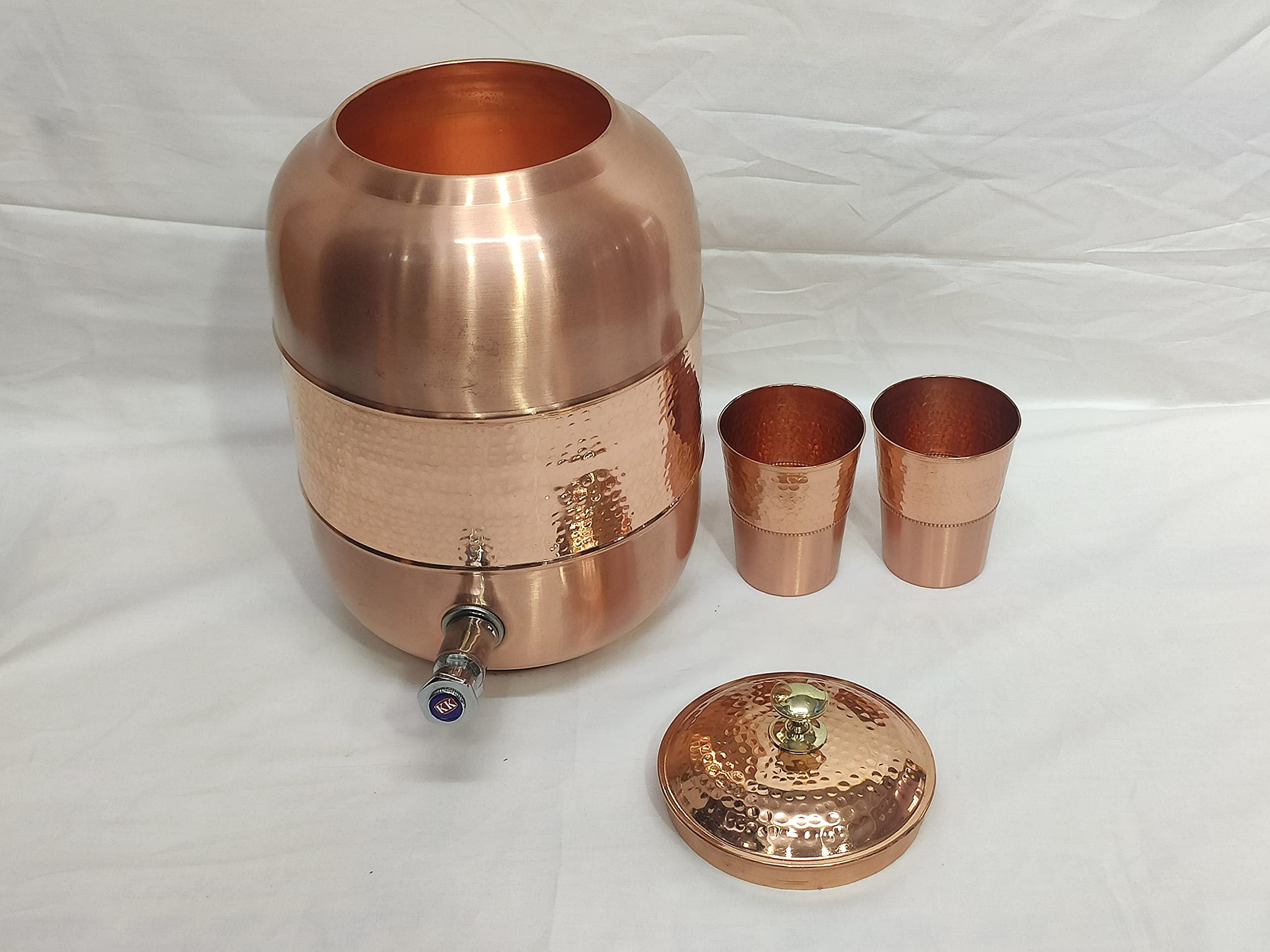 Handcrafted Hammered Copper Water Dispenser with Storage Tank & 2 Glasses - Traditional Fiber Design - Perfect for Home, Office & Outdoor Use