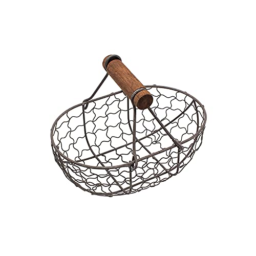 Handmade Iron Storage Basket with Wooden Handle - Hollow Woven Design for Bread, Eggs, Vegetables | Portable Picnic Basket, Kitchen Organizer & Home Decor