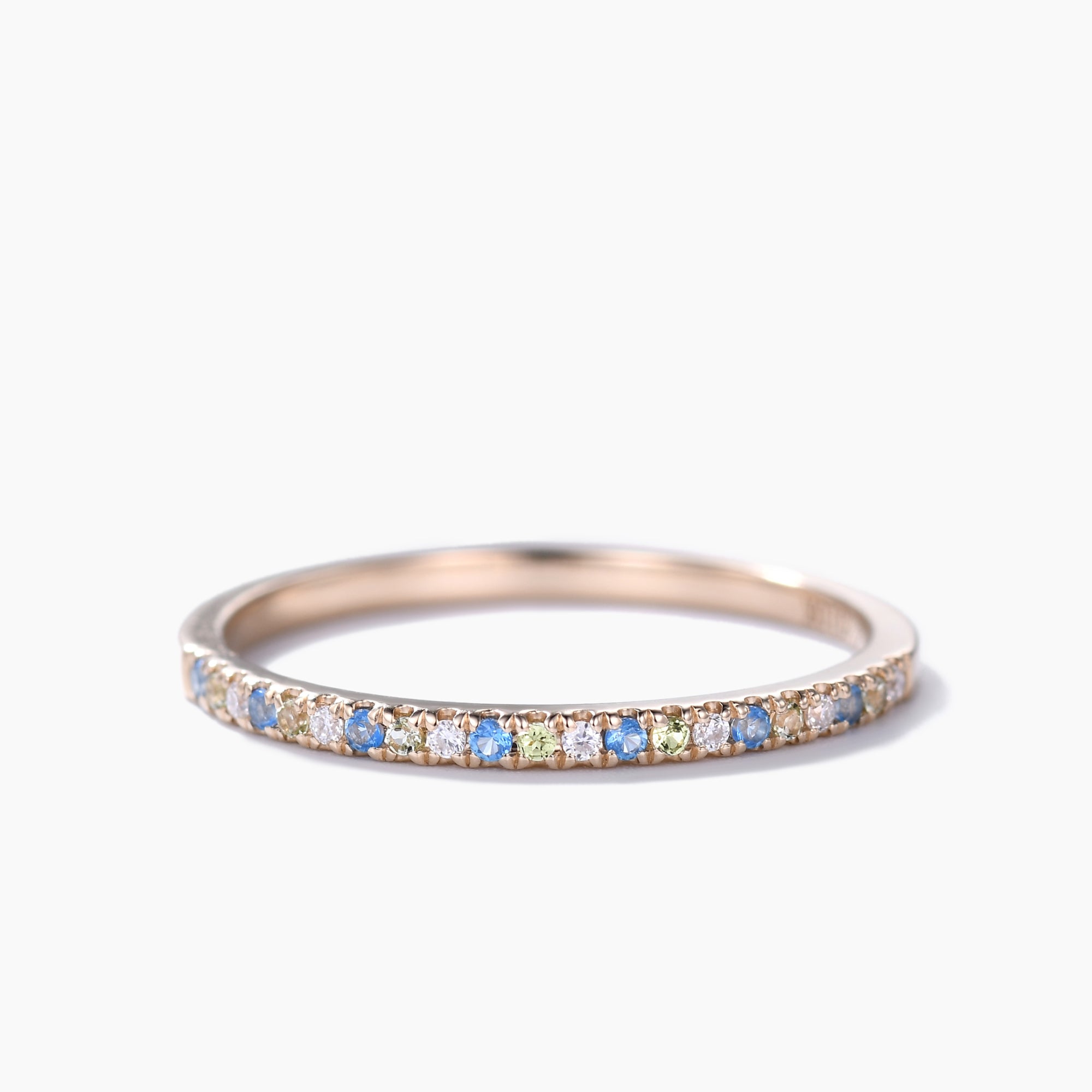Dainty 14K Yellow Gold Half Eternity Wedding Band with Topaz & Peridot Moissanite - Thin Stackable Ring for Women, Bridal Jewelry, Anniversary Gift, Stacking Rings for Everyday Wear