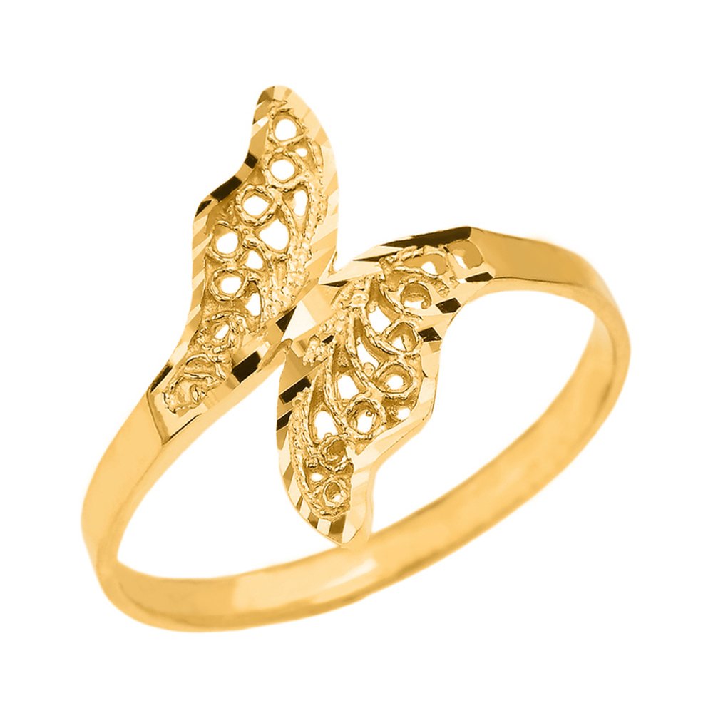 14k Yellow Gold Double Leaf Filigree Ring - Elegant High Polish Jewelry for Women, Perfect for Weddings, Anniversaries & Special Occasions