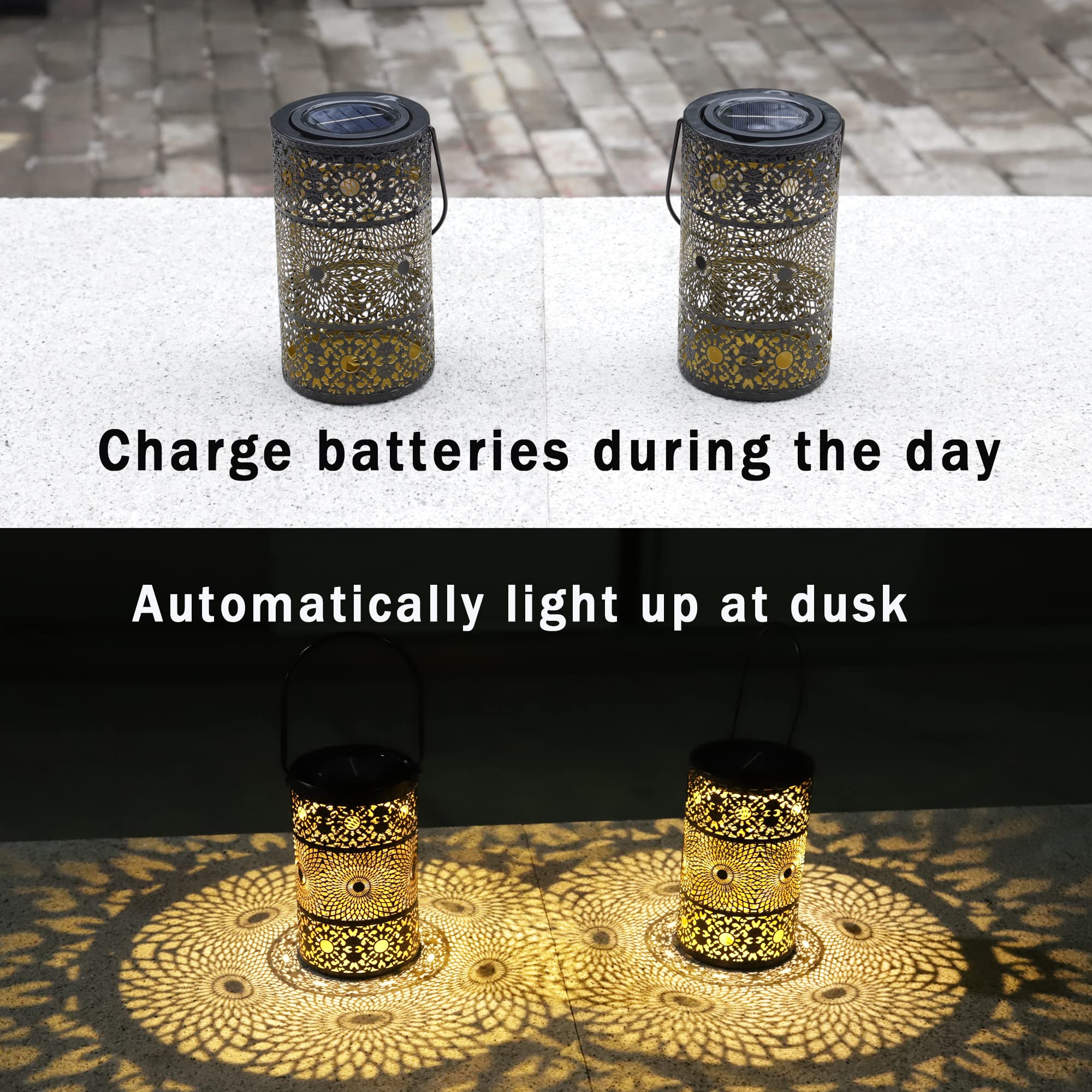 2 Pack Solar Lanterns Outdoor - Waterproof IP65 Warm White Metal Garden Lights with Ground Stakes | Solar Hanging Lights for Patio, Balcony, Pathway & Yard Decoration | Perfect for Evening BBQs, Garden Parties & Outdoor Entertaining