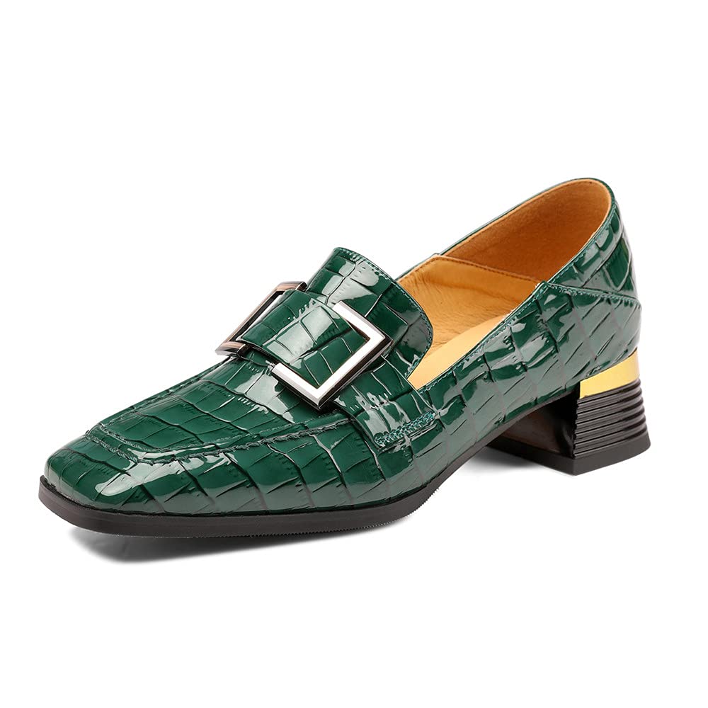 TinaCus Women's Square Toe Patent Leather Loafers - Handmade Buckle Detail Casual Shoes with Low Chunky Heel for Work, Office & Everyday Wear