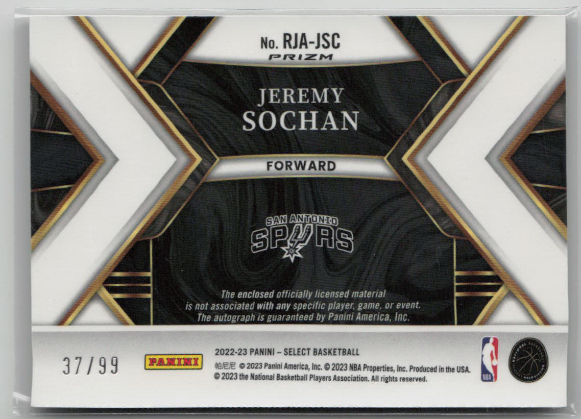 2022-23 Panini Select Jeremy Sochan Rookie Patch Auto Purple #RJA-JSC 37/99 - NBA Basketball Trading Card for Collectors & Fans - Perfect for Memorabilia Display, Investment, and Sports Enthusiasts