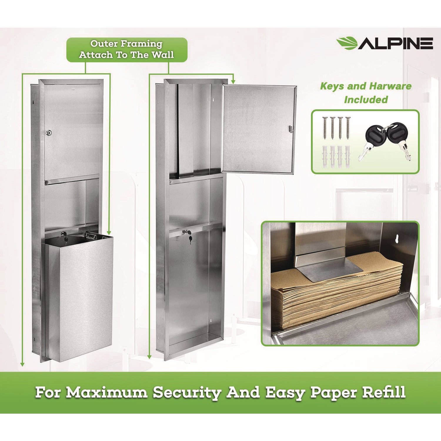 Stainless Steel Recessed Paper Towel Dispenser with Built-in Waste Bin - 56