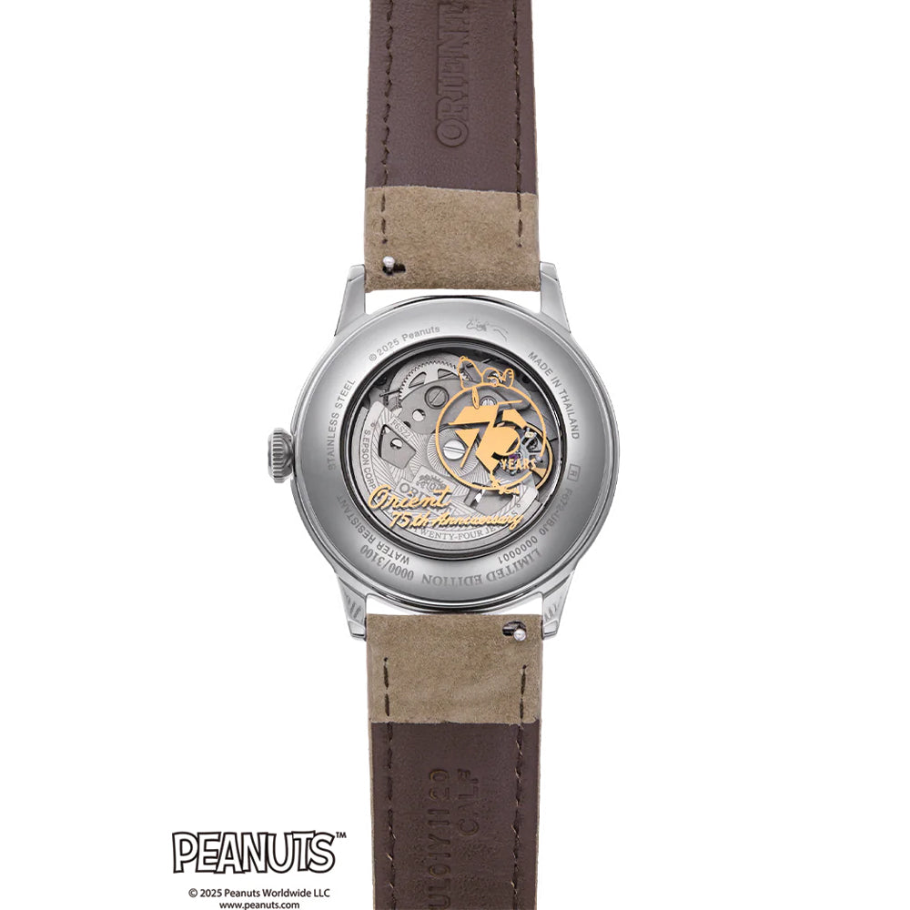 Orient Peanuts 75th Anniversary Limited Edition Bambino 38mm Champagne Dial Watch with Suede Leather Strap - Perfect for Dress Occasions & Collectors