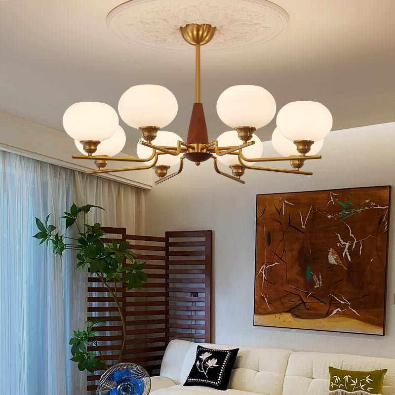 Celeste Sphere Walnut Wood Chandelier - Modern Handcrafted Lighting Fixture for Dining Room, Living Room & Bedroom Decor