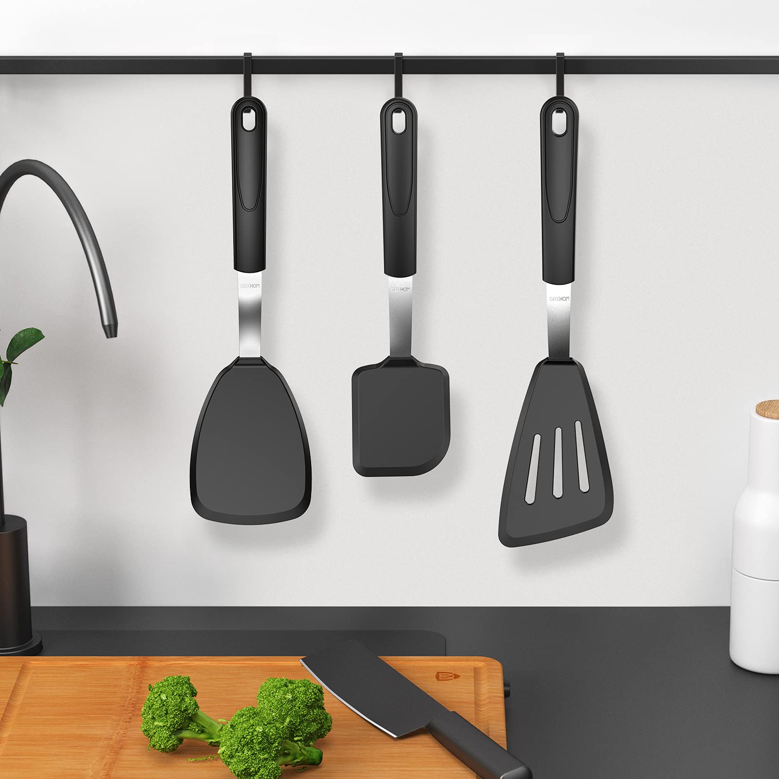 GEEKHOM 3-Piece Silicone Spatula Set - 600°F Heat Resistant, Non-Scratch Kitchen Utensils for Nonstick Cookware | Flexible Slotted Turner for Fish, Eggs & Pancakes | Perfect for Baking, Flipping & Cooking