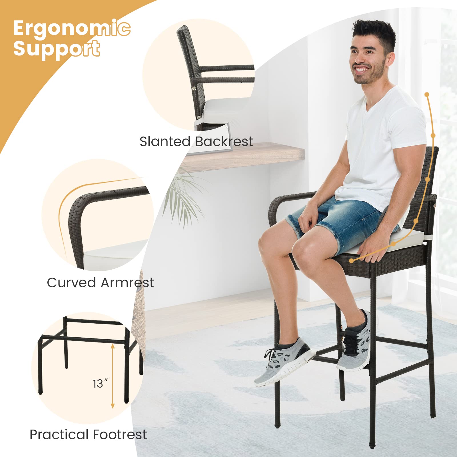 HAPPYGRILL 4-Piece Wicker Bar Stool Set with Armrests, Footrests & Cushions - High Back Outdoor Bar Chairs for Patio, Balcony, Poolside & Backyard Entertaining