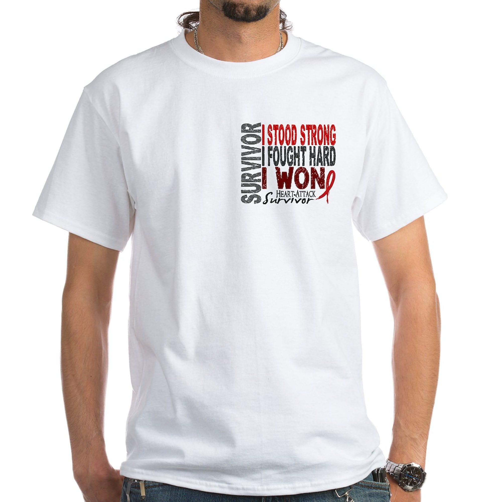 Survivor 4 Heart Attack Graphic White T-Shirt for Men | 100% Cotton Classic Tee | Funny Novelty Gift for Survivor Fans & Heart Health Awareness | Perfect for Casual Wear, Gifting & Awareness Events