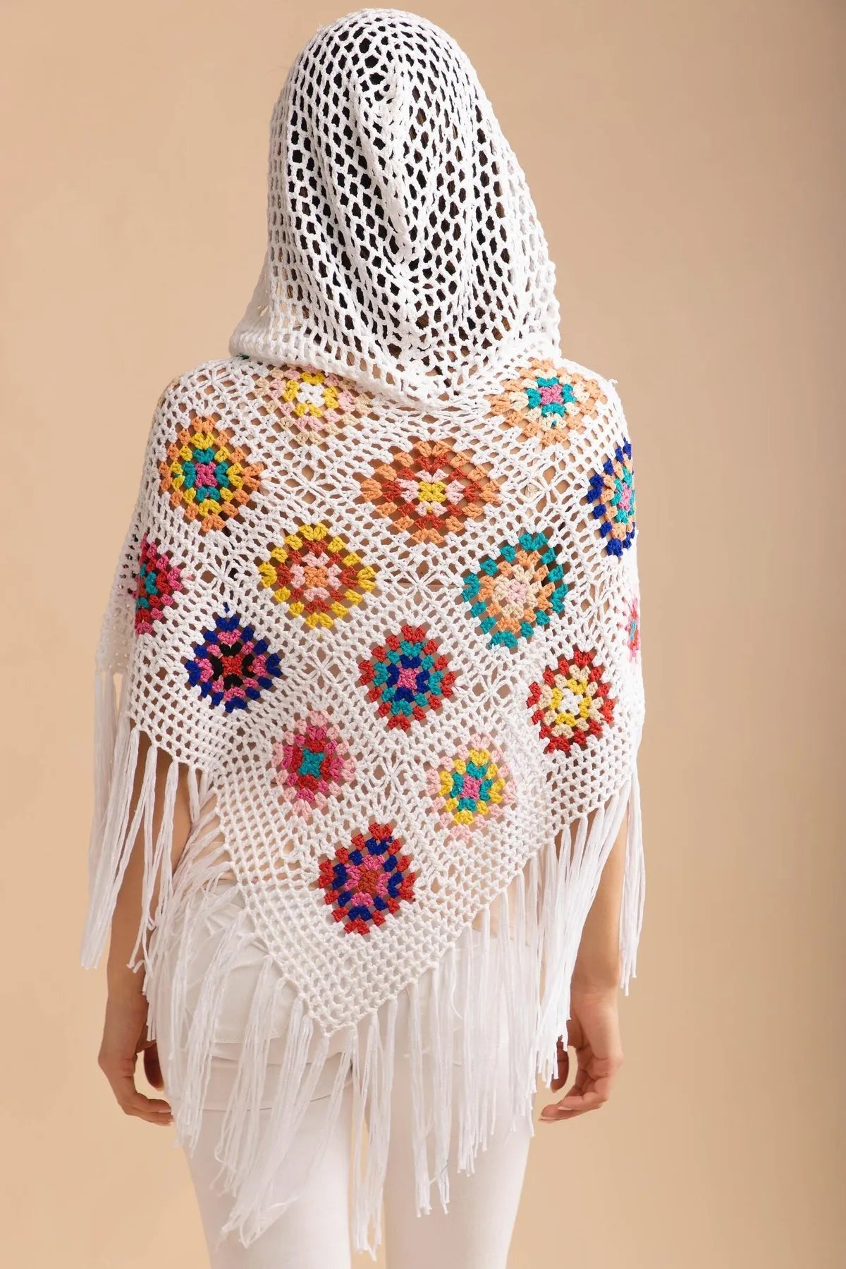Elegant White Square Crochet Fringe Poncho Shawl for Women - Boho Chic Beach Cover Up, Festival Outfit & Casual Layering Piece