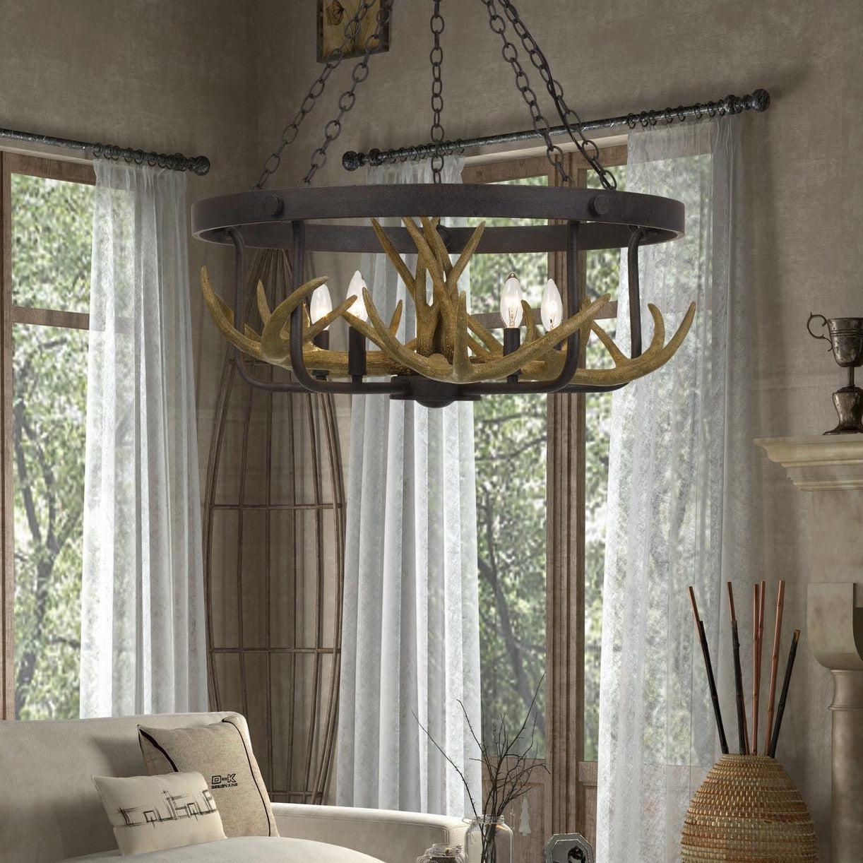 Cal Lighting Angelo 60W X 5 Metal Antler Chandelier - Rustic Farmhouse Ceiling Light Fixture for Dining Room, Living Room & Bedroom Decor