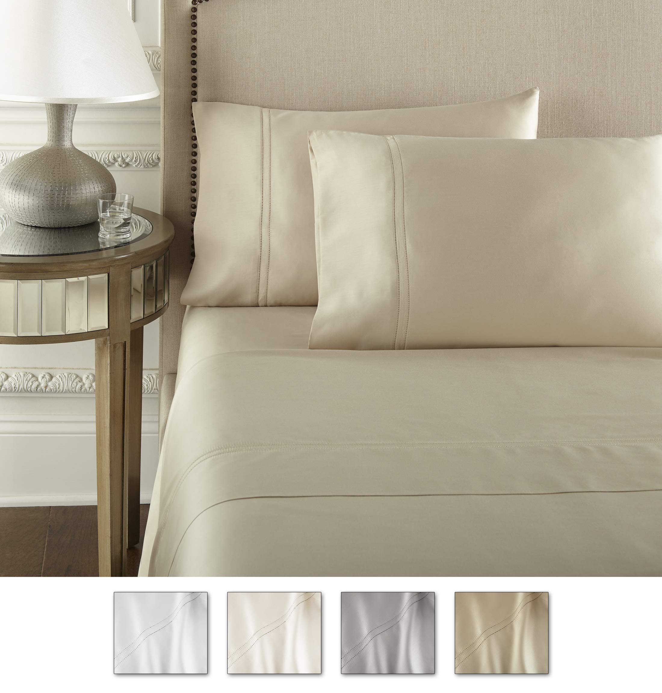Pure Parima Luxury 100% CEA Certified Egyptian Cotton Sheet Set - Extra-Long Staple, Cooling & Breathable Queen Size Bedding with Flat Sheet, Fitted Sheet & 2 Pillowcases (Tan) - Perfect for Hot Sleepers & All-Season Comfort