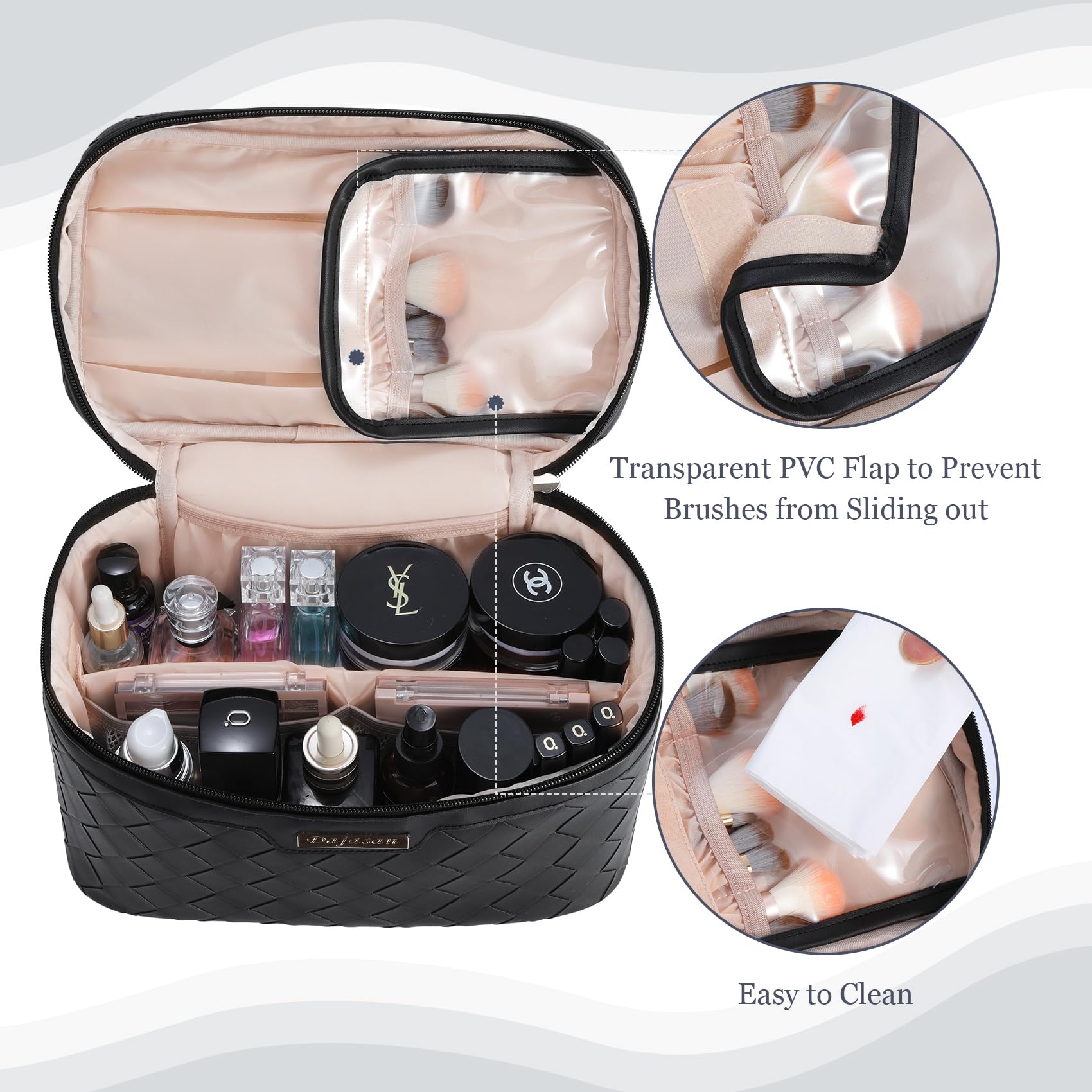 Dajasan Large Waterproof PU Leather Makeup Bag for Women - Travel Cosmetic Organizer with High Capacity, Portable Toiletry Case for Girls - Perfect for Travel, Gym, and Daily Use (Black)