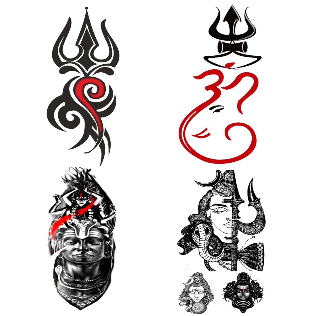 Om Trishul with Lord Shiva Temporary Tattoo Stickers - Pack of 4 Waterproof Body Art for Men & Women (2x4 Inch) - Perfect for Festivals, Yoga Sessions & Spiritual Events