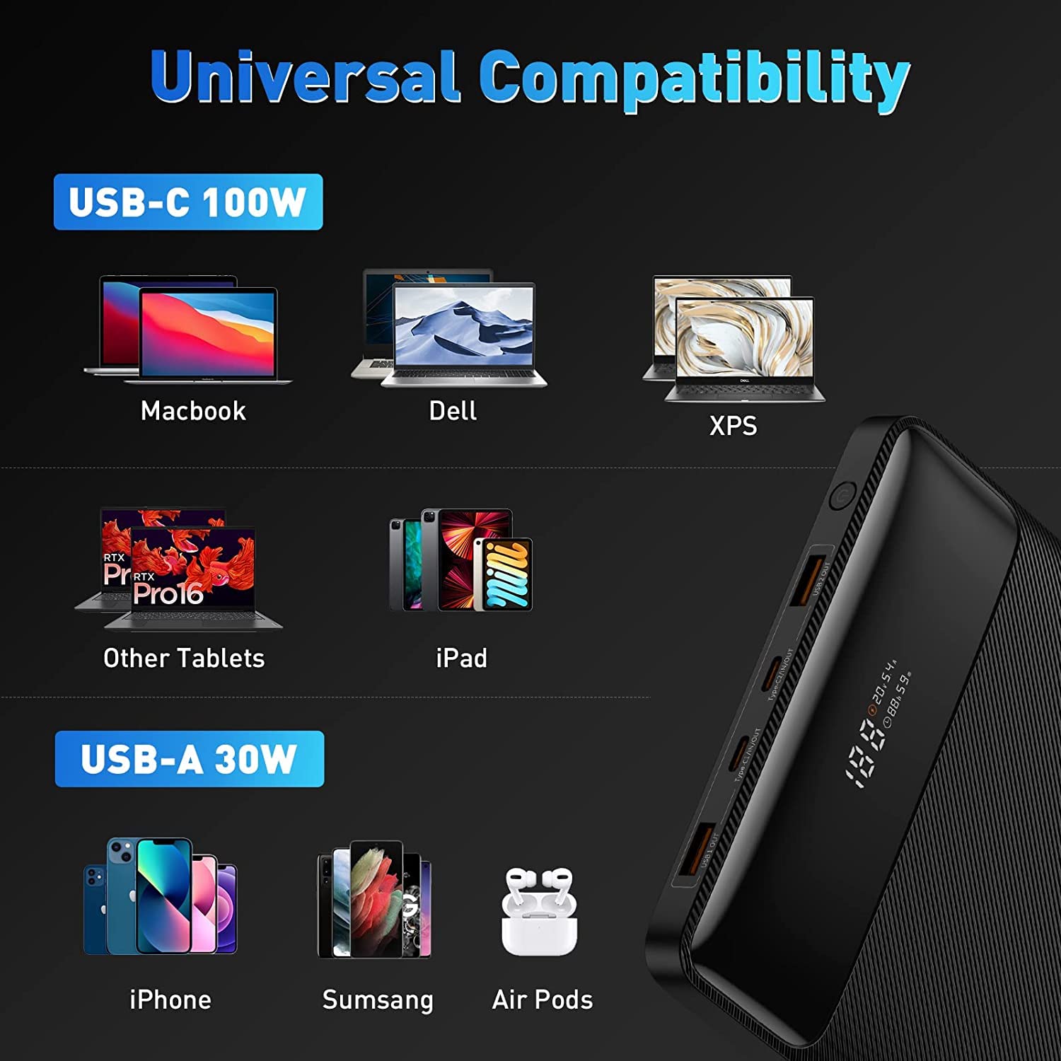 Baseus 100W Blade USB C Laptop Power Bank - 20000mAh Portable Charger for MacBook Air, Dell, HP, iPad, iPhone, Samsung Galaxy, Switch & Steam Deck | Super Fast Charging Slim Battery Pack for Travel, Work & Gaming