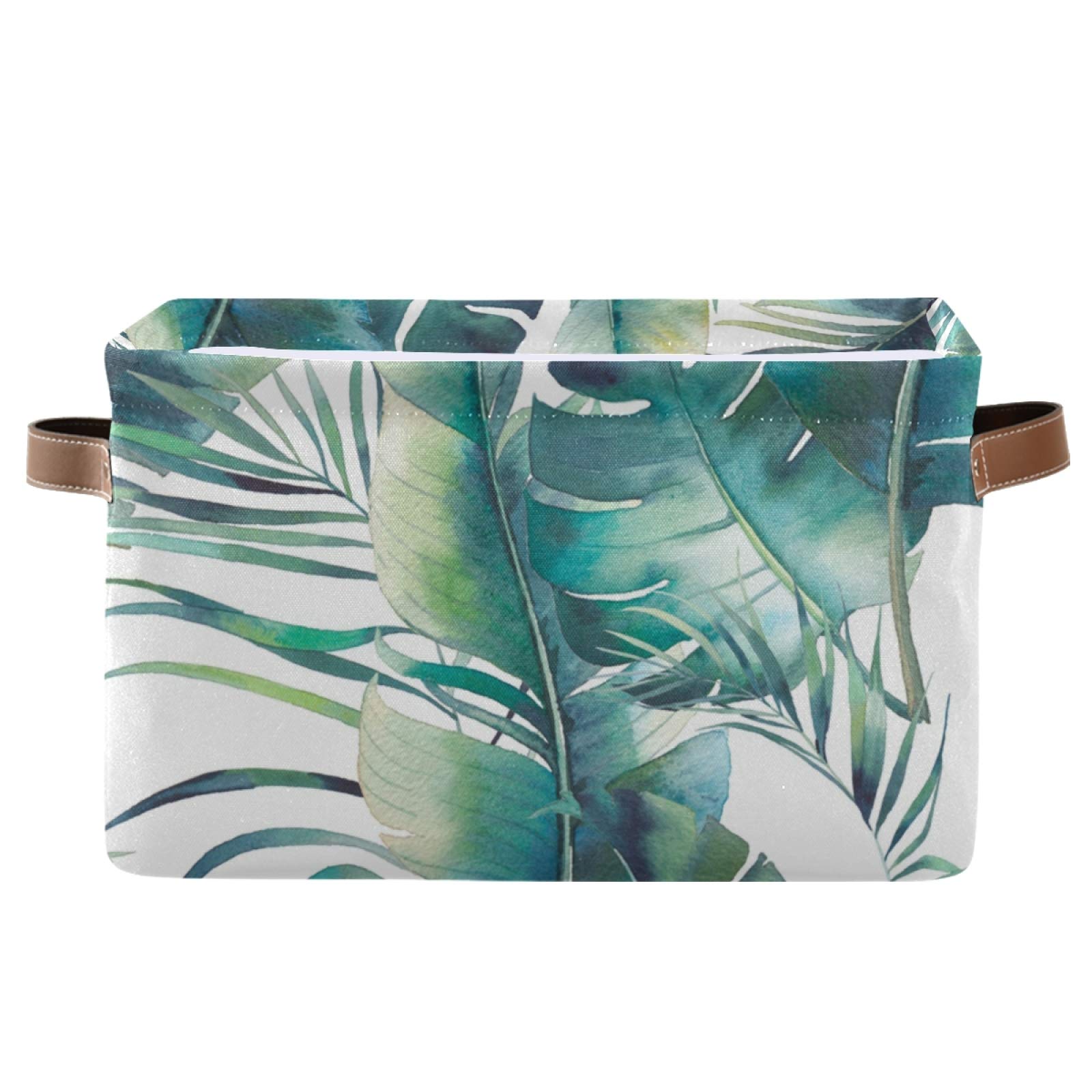 OTVEE Collapsible Storage Basket with Leather Handles - Summer Palm Tree & Banana Leaves Print Rectangle Fabric Bin for Clothes, Toys, Nursery, Home & Office Organization (1 Piece) - Perfect for Seasonal Decor & Space Saving Storage
