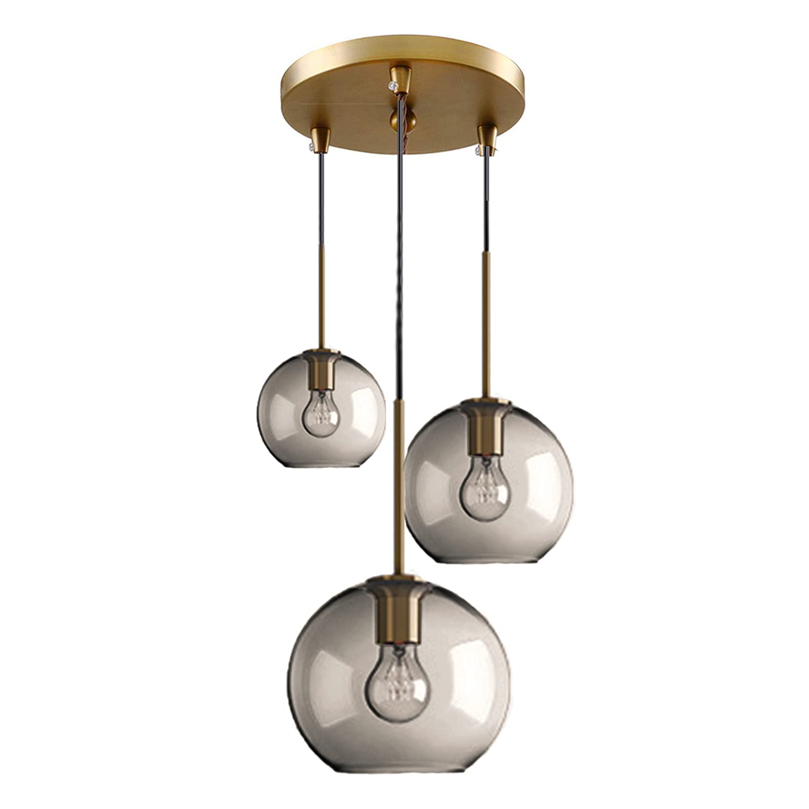 3-Light Spherical Grey Glass Pendant Lighting - Modern Globe Glass Hanging Lamp Chandelier for Dining Room, Kitchen Island & Living Room Decor
