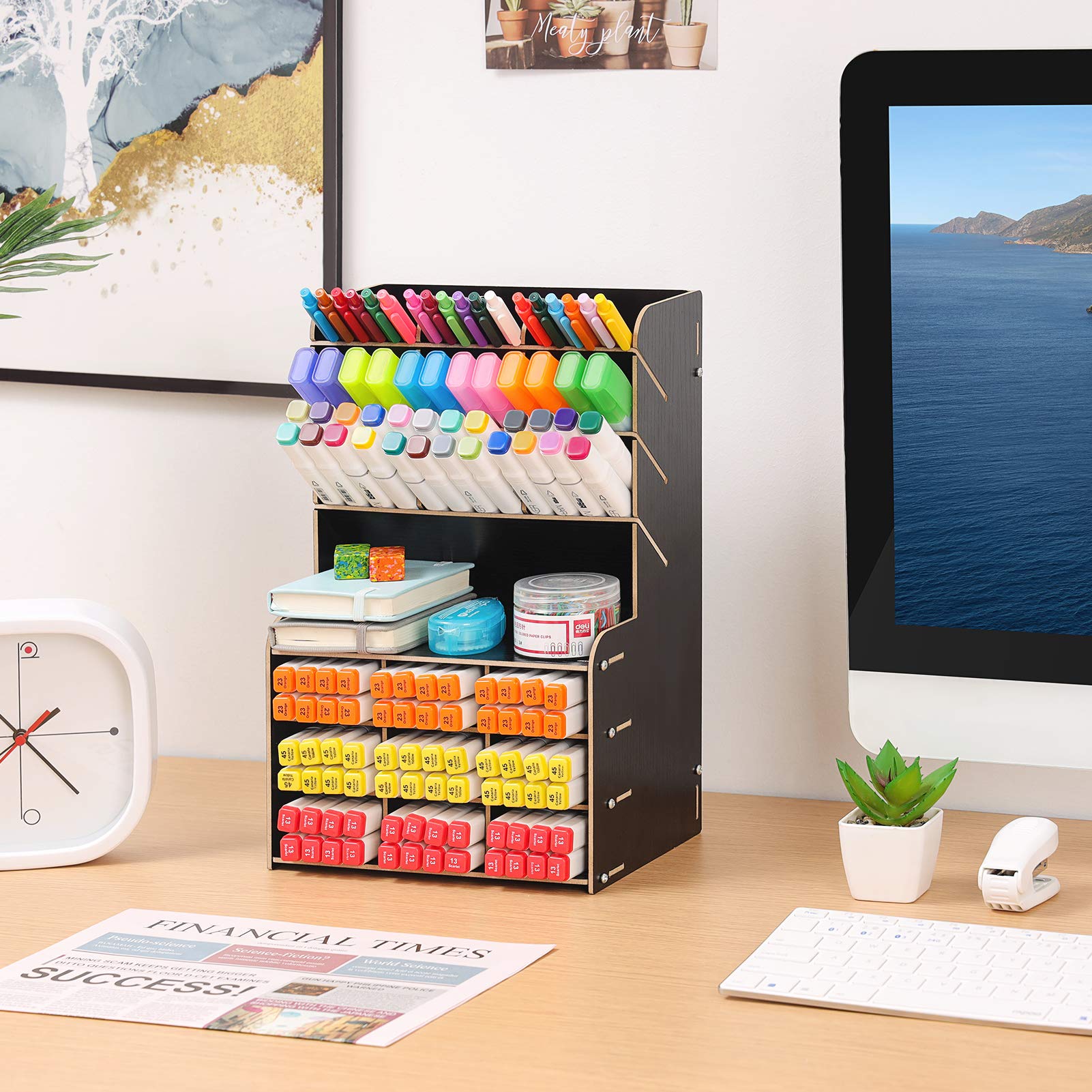 Upgraded Wooden Pencil Holder & Pen Organizer - Black Desktop Stationery Caddy for Art Supplies, Office & School | Easy Assembly Desk Organizer for Markers, Pens, Brushes & More
