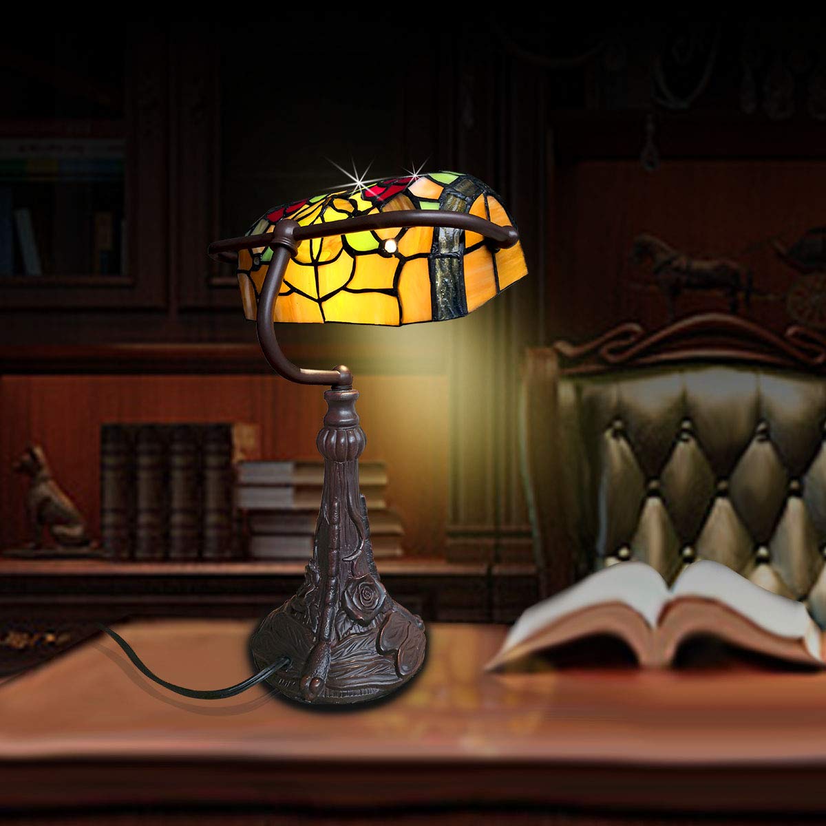 Tiffany Style Stained Glass Table Lamp with Dragonfly Design - 15.5