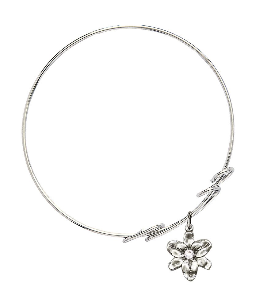 8 Inch Round Double Loop Bangle Bracelet with Chastity Medal Charm & April Birthstone Crystal - Elegant Jewelry for Women, Perfect for Weddings, Anniversaries & Everyday Wear