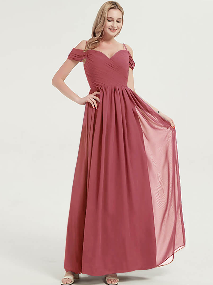 Elegant Cold Shoulder Straps Pleated Chiffon Bridesmaid Dress - Desert Rose Color for Wedding, Formal Events & Special Occasions