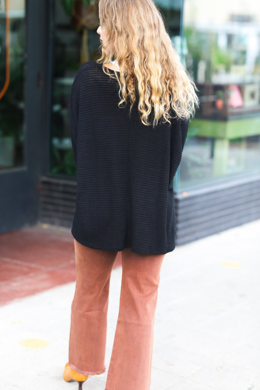 Open Your Mind Black Jacquard Hi-Low V-Neck Sweater for Women | Elegant & Stylish Pullover for Casual Outings, Date Nights & Office Wear